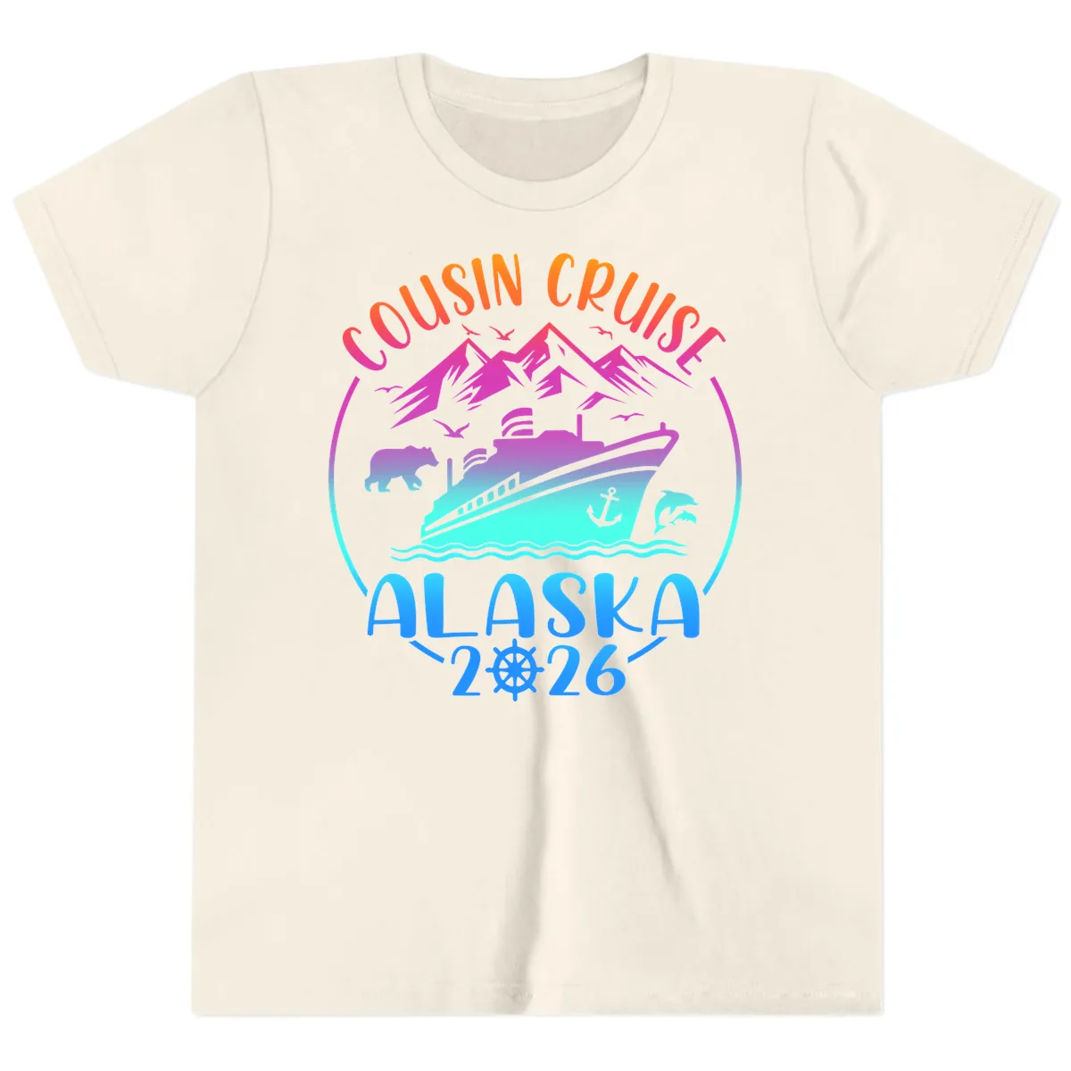 Cousin Cruise Alaska 2026 Mountains and Ship Youth T-Shirt in Natural