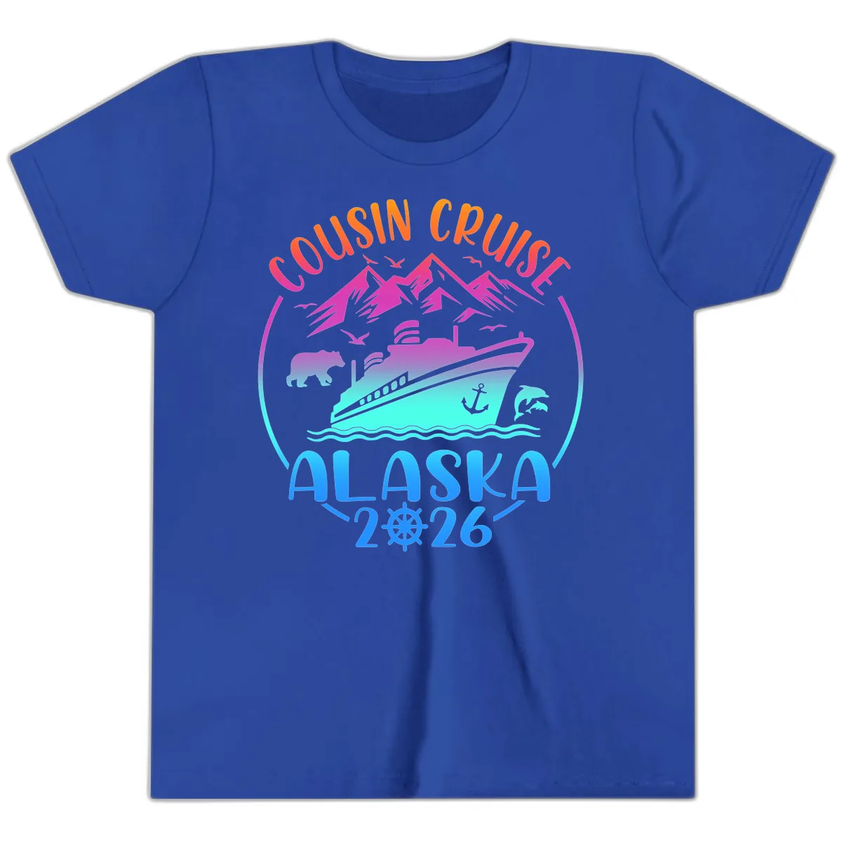 Cousin Cruise Alaska 2026 Mountains and Ship Youth T-Shirt in True Royal