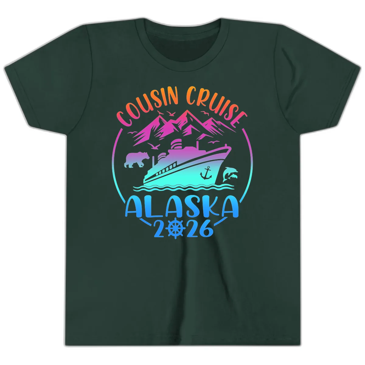 Cousin Cruise Alaska 2026 Mountains and Ship Youth T-Shirt in Forest