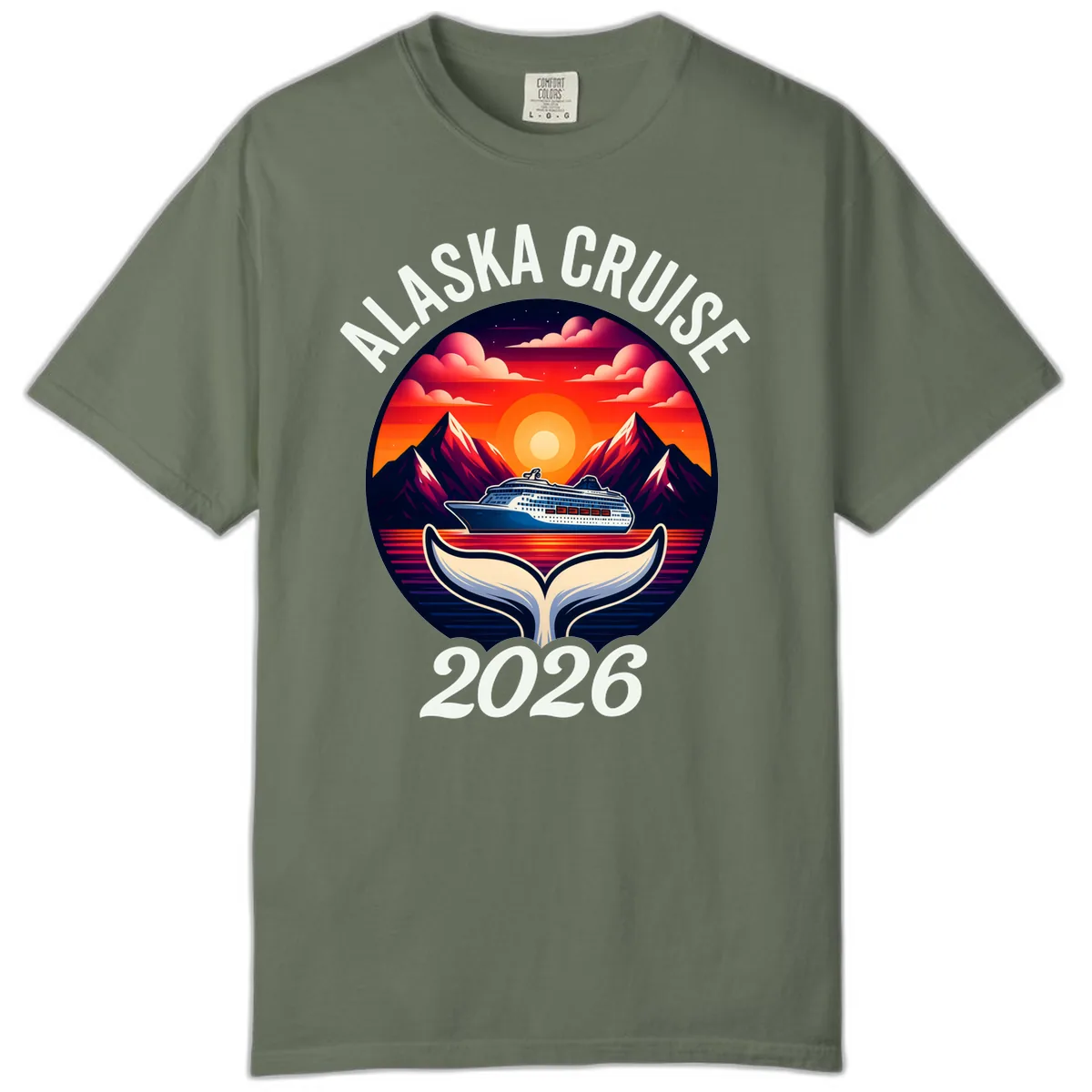 Scenic Alaska Cruise Whale Tail Sunset 2026 Comfort Color in Moss