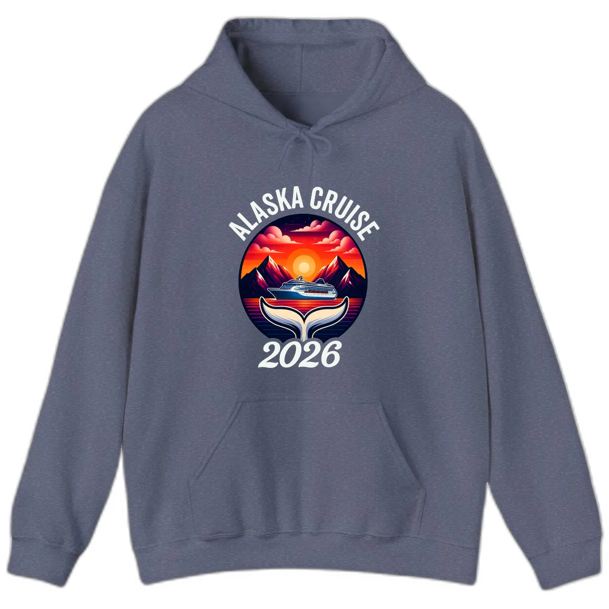 Scenic Alaska Cruise Whale Tail Sunset 2026 Hoodie in Heather Navy