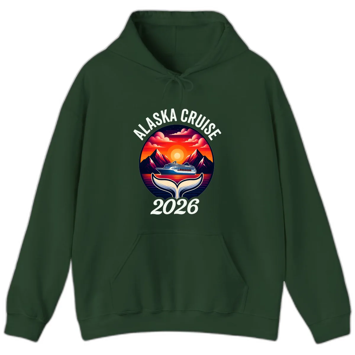 Scenic Alaska Cruise Whale Tail Sunset 2026 Hoodie in Forest Green