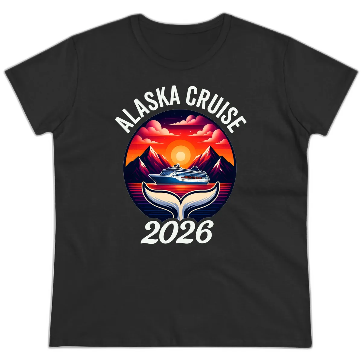 Scenic Alaska Cruise Whale Tail Sunset 2026 Ladies Tee in Black