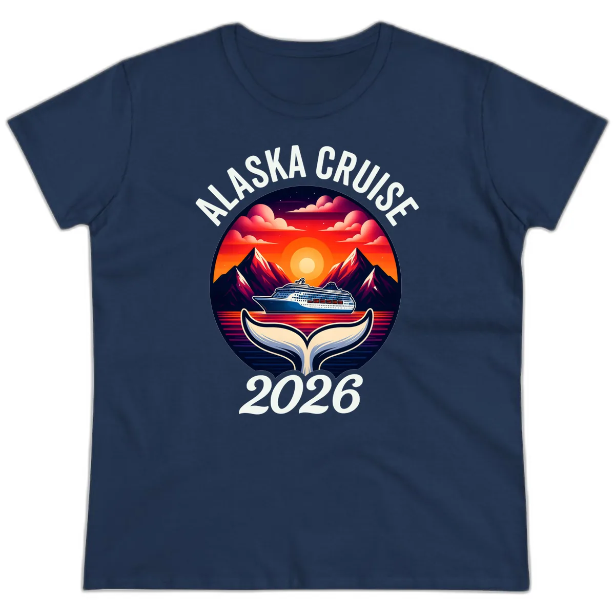 Scenic Alaska Cruise Whale Tail Sunset 2026 Ladies Tee in Navy