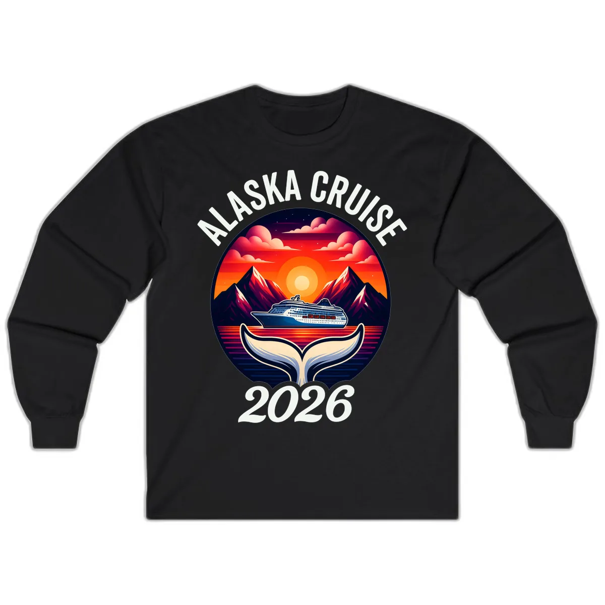 Scenic Alaska Cruise Whale Tail Sunset 2026 Long Sleeve in Black