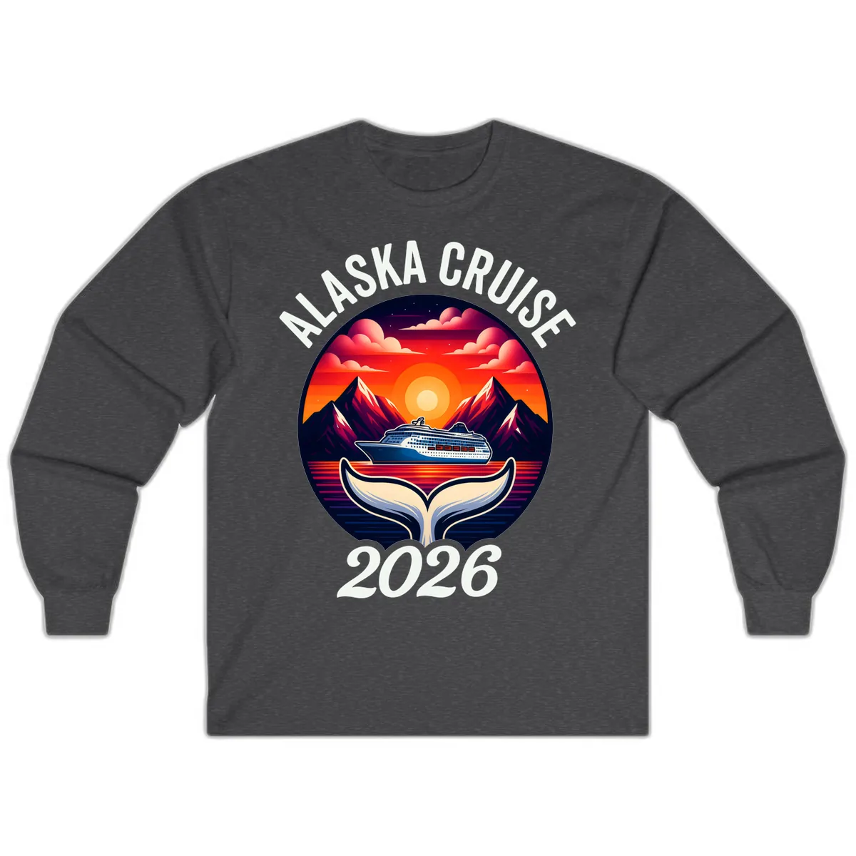 Scenic Alaska Cruise Whale Tail Sunset 2026 Long Sleeve in Dark Heather