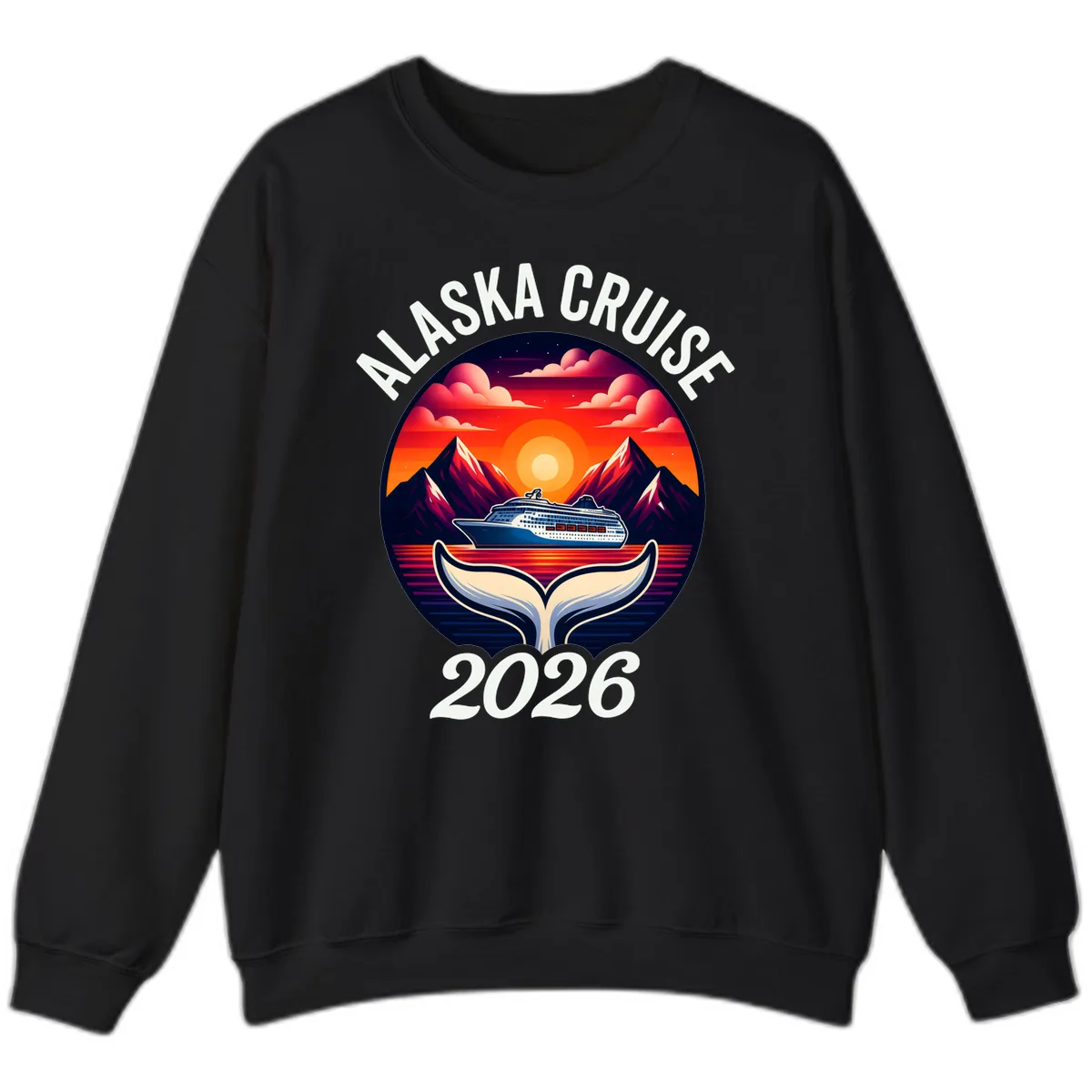Scenic Alaska Cruise Whale Tail Sunset 2026 Sweatshirt in Black