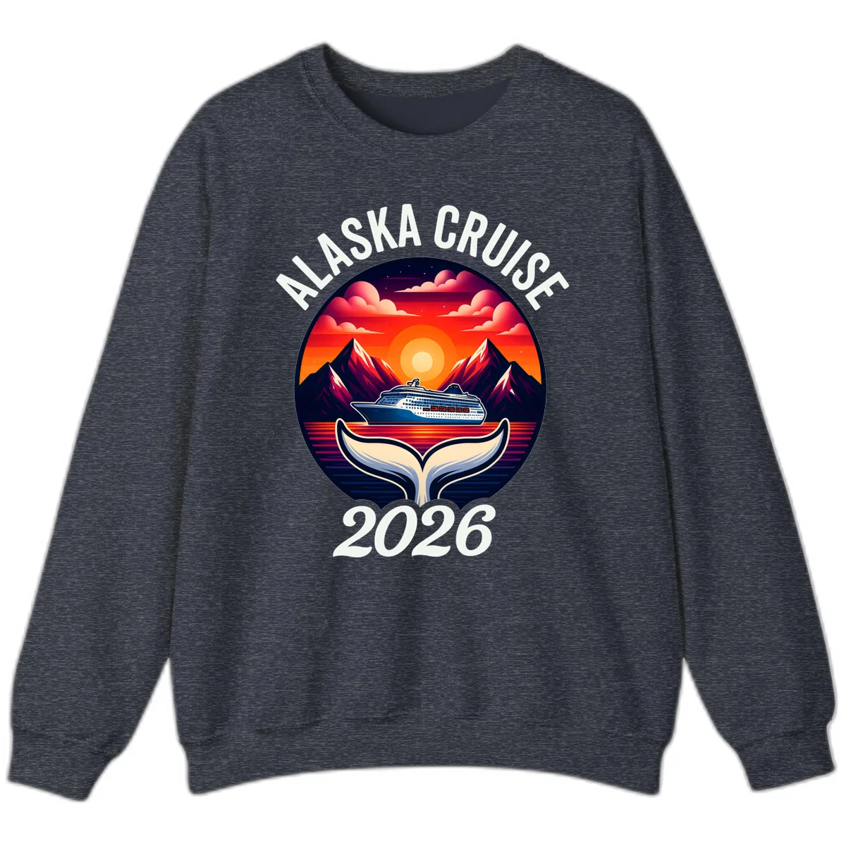 Scenic Alaska Cruise Whale Tail Sunset 2026 Sweatshirt in Heather Sport Dark Navy