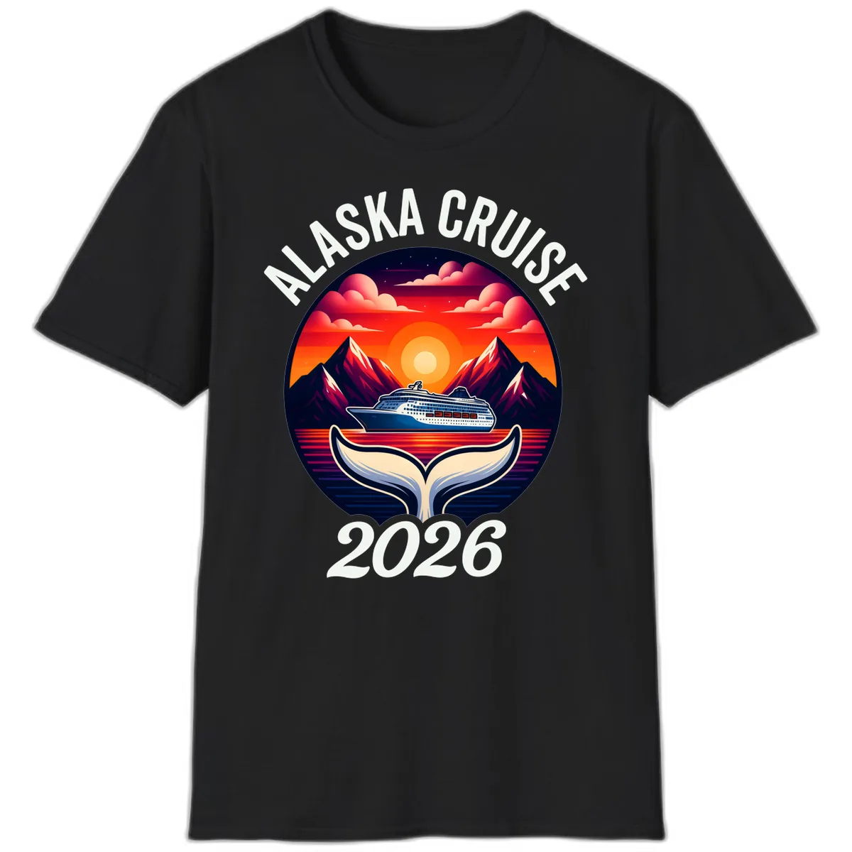 Scenic Alaska Cruise Whale Tail Sunset 2026 T-Shirt in Black