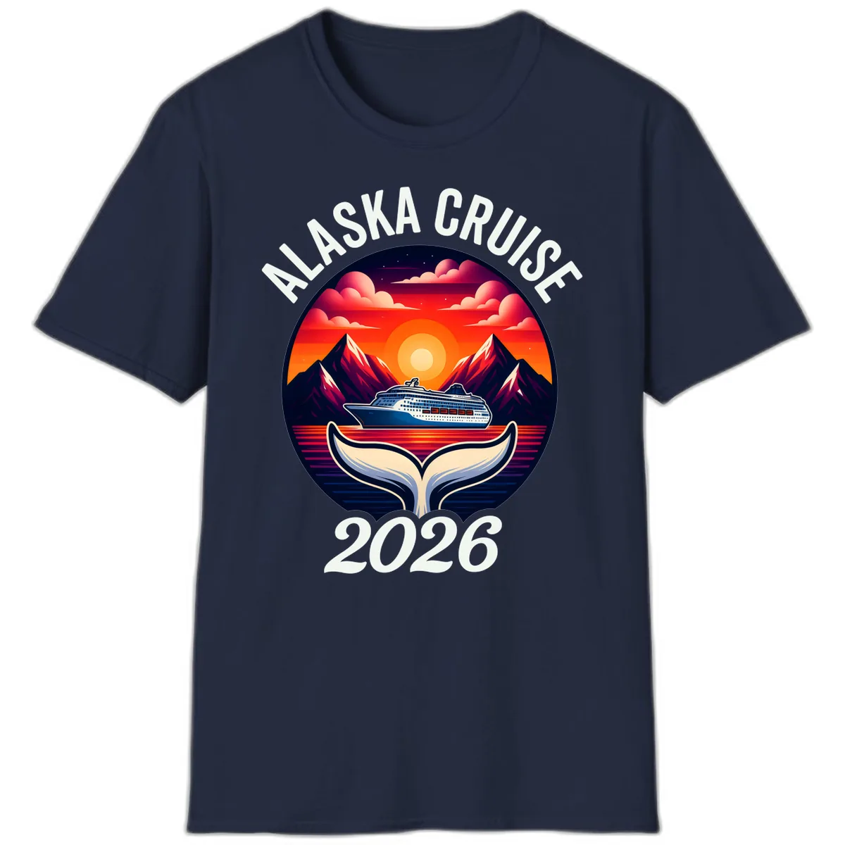 Scenic Alaska Cruise Whale Tail Sunset 2026 T-Shirt in Navy