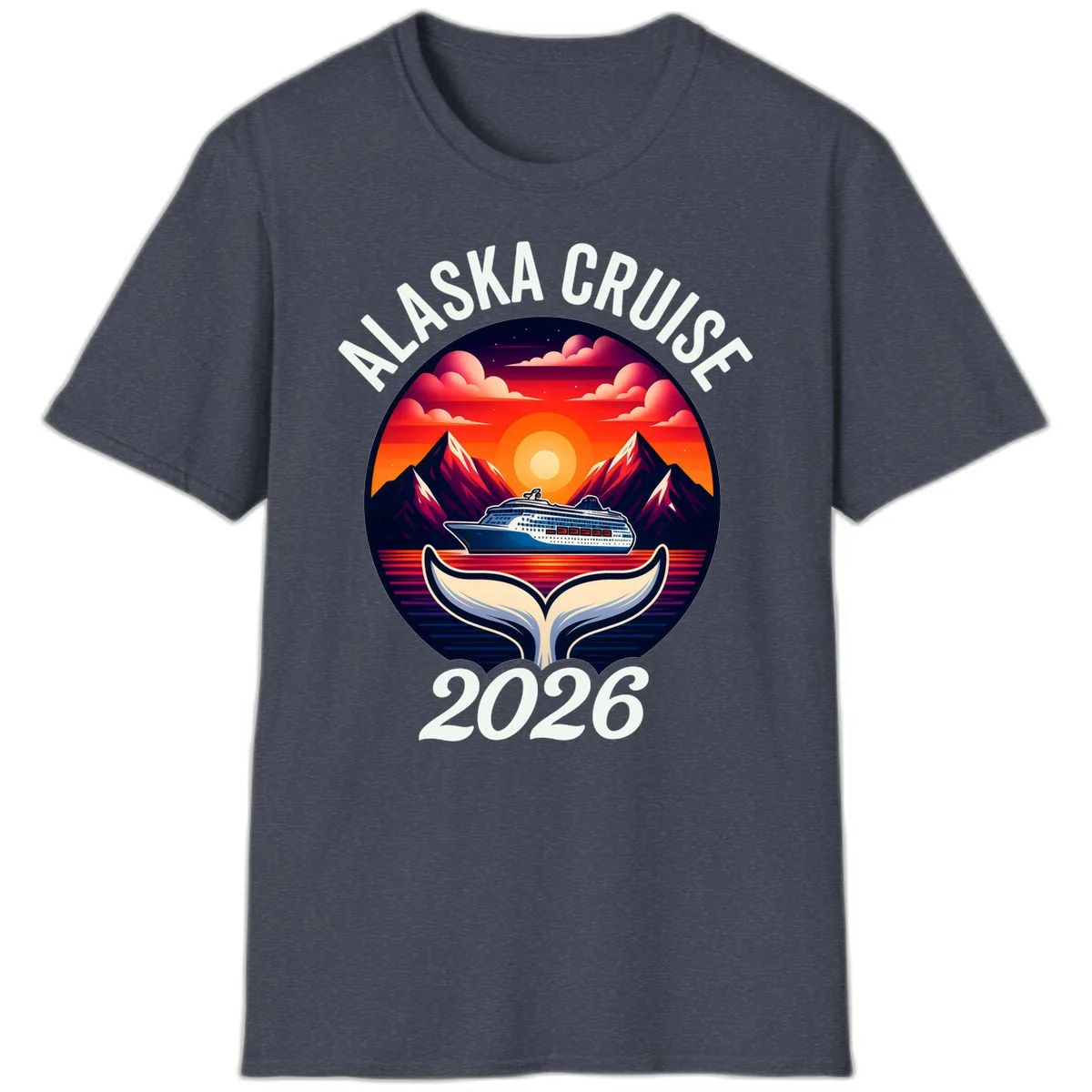 Scenic Alaska Cruise Whale Tail Sunset 2026 T-Shirt in Heather Navy