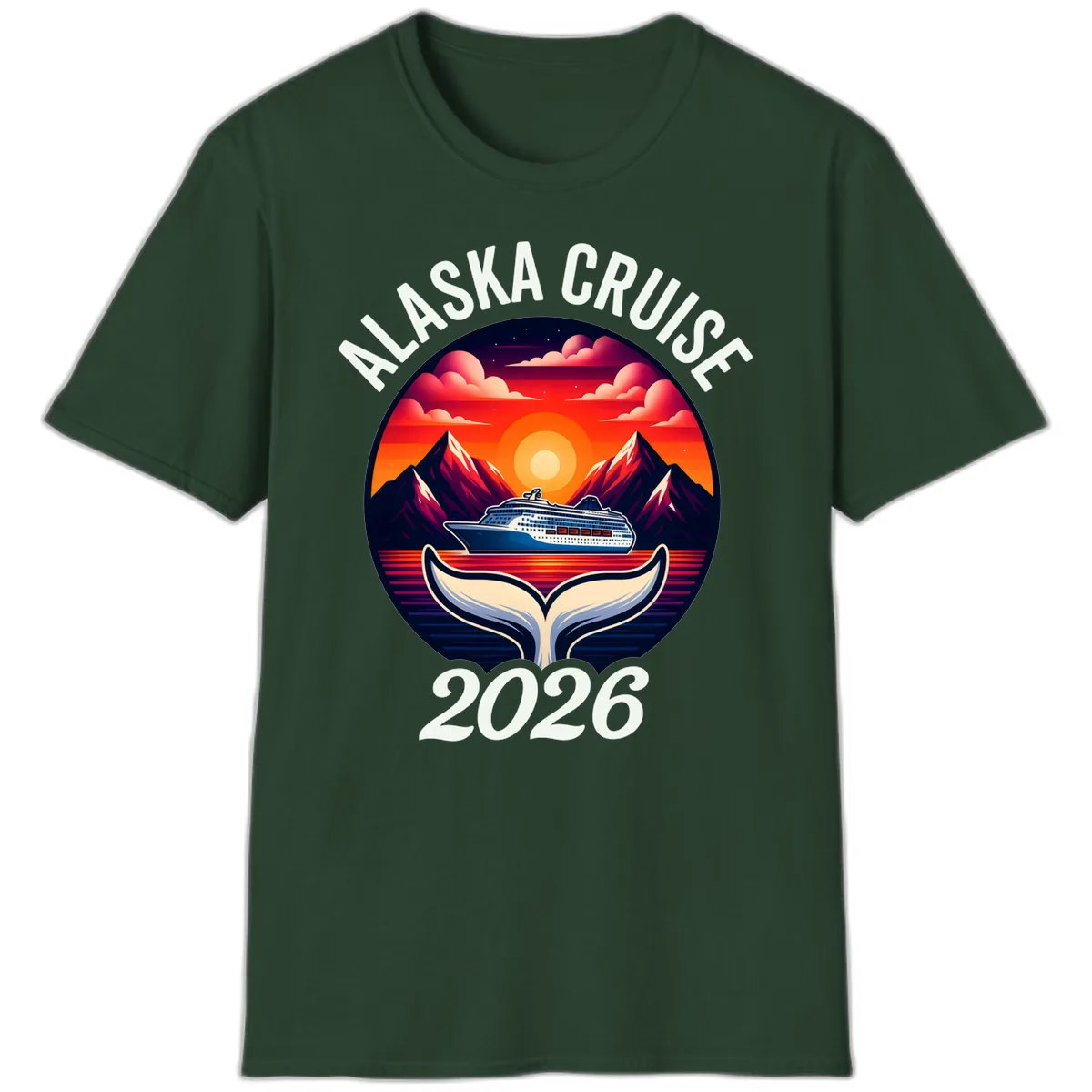 Scenic Alaska Cruise Whale Tail Sunset 2026 T-Shirt in Forest Green