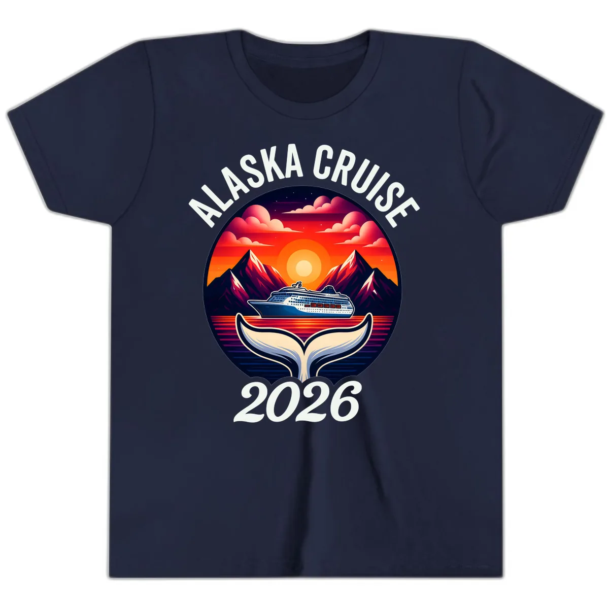 Scenic Alaska Cruise Whale Tail Sunset 2026 Youth T-Shirt in Navy