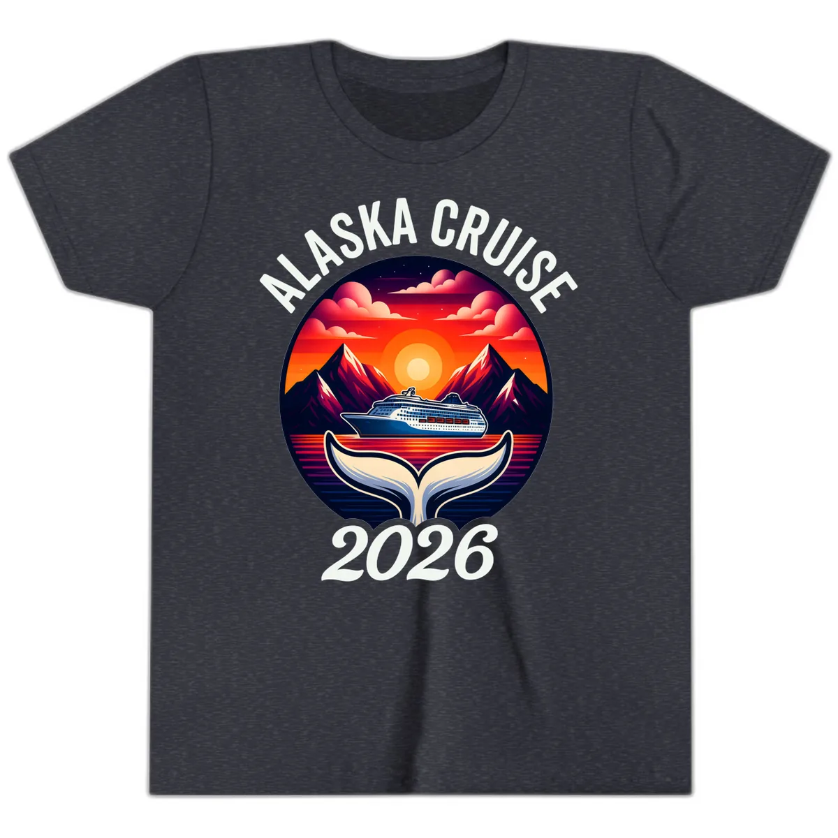 Scenic Alaska Cruise Whale Tail Sunset 2026 Youth T-Shirt in Heather Navy