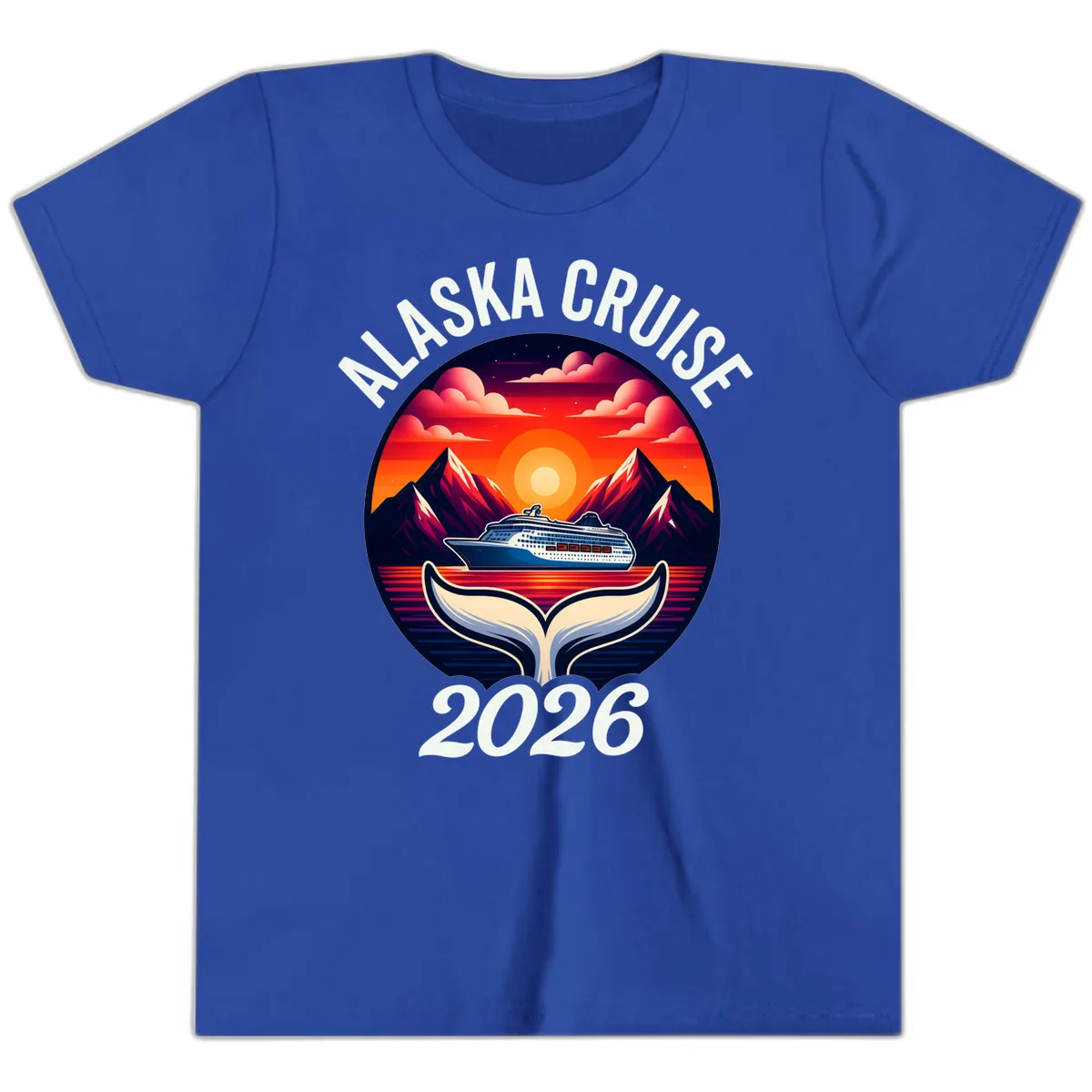 Scenic Alaska Cruise Whale Tail Sunset 2026 Youth T-Shirt in True Royal