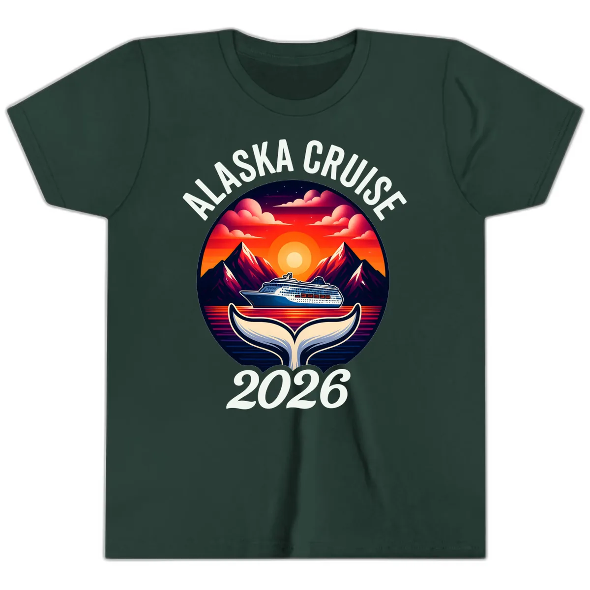 Scenic Alaska Cruise Whale Tail Sunset 2026 Youth T-Shirt in Forest