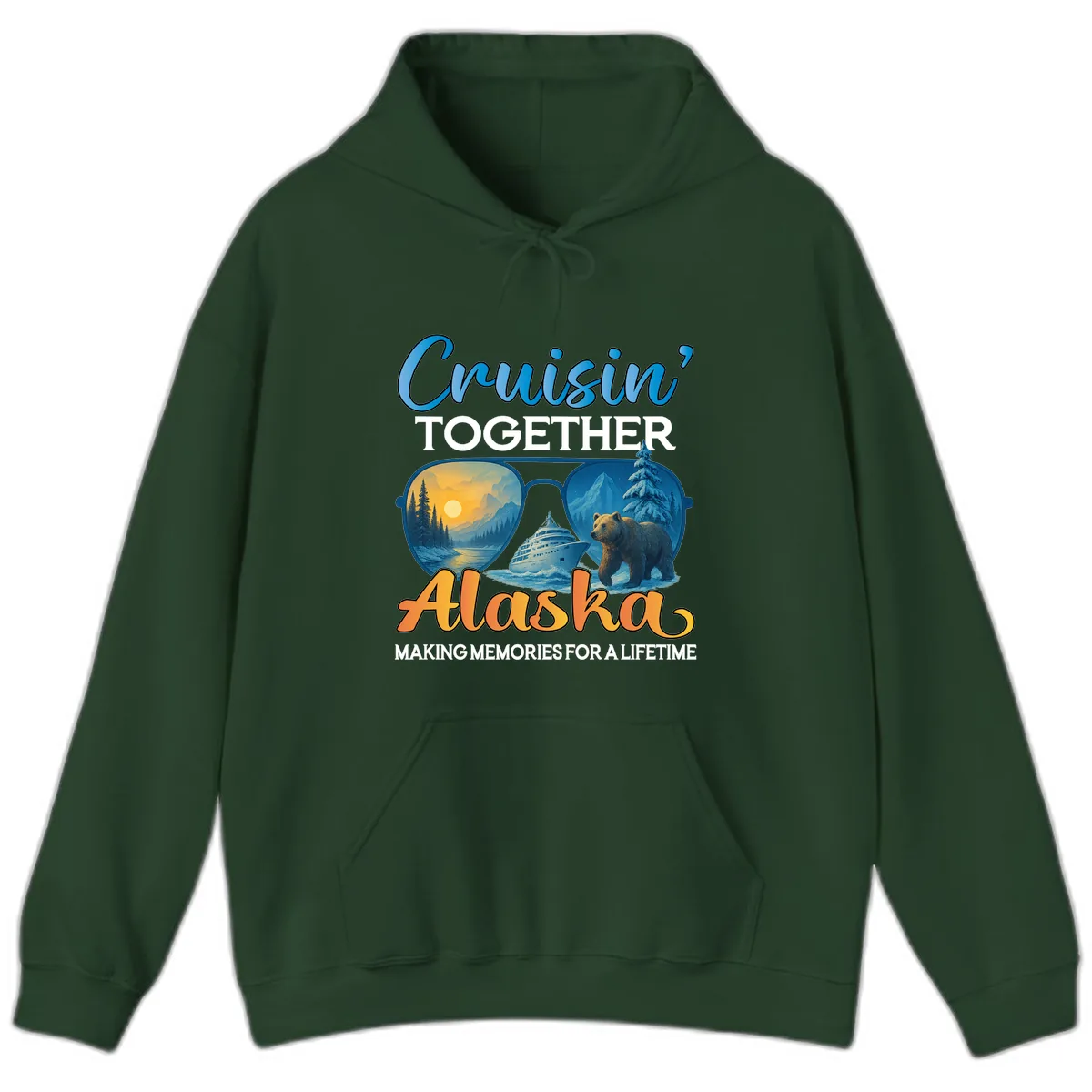 Cruisin' Together Alaska Sunglasses Bear Hoodie in Forest Green