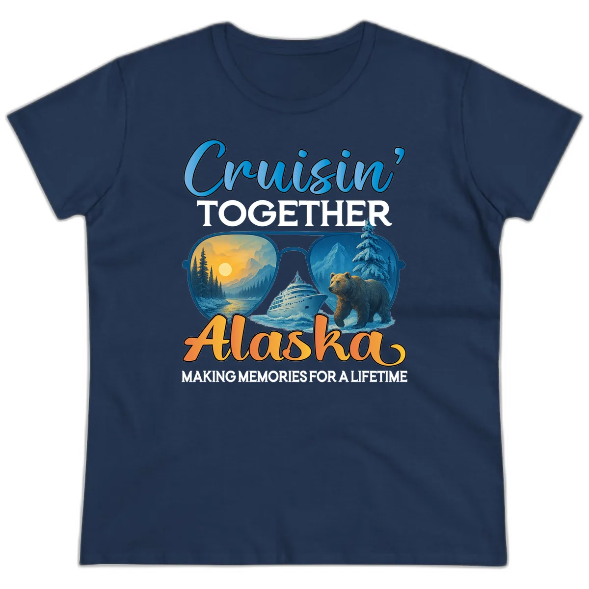 Cruisin' Together Alaska Sunglasses Bear Ladies Tee in Navy