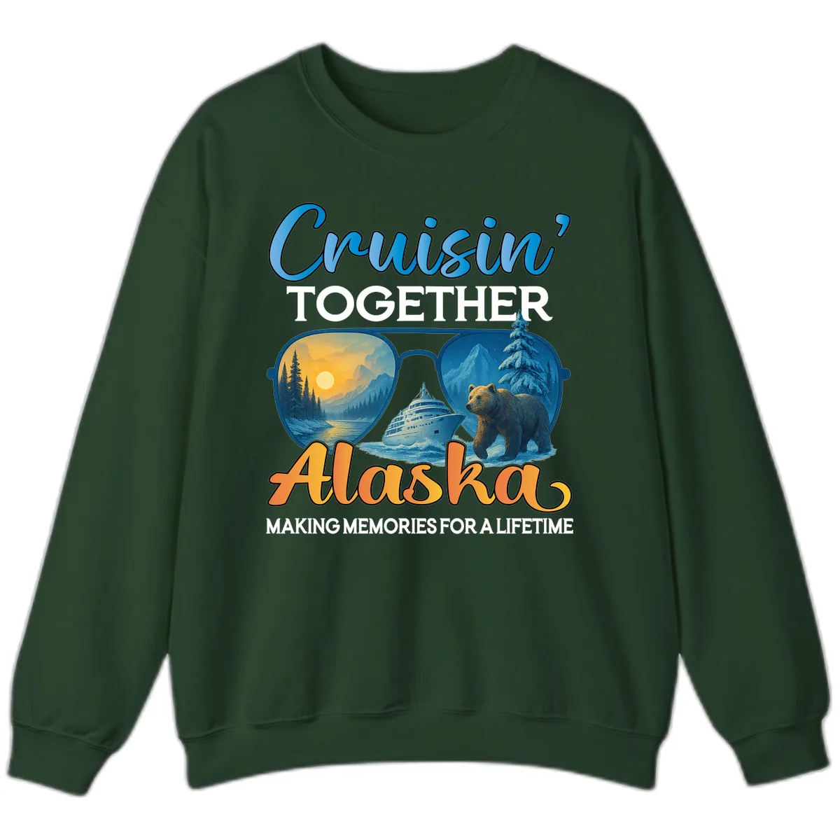 Cruisin' Together Alaska Sunglasses Bear Sweatshirt in Forest Green