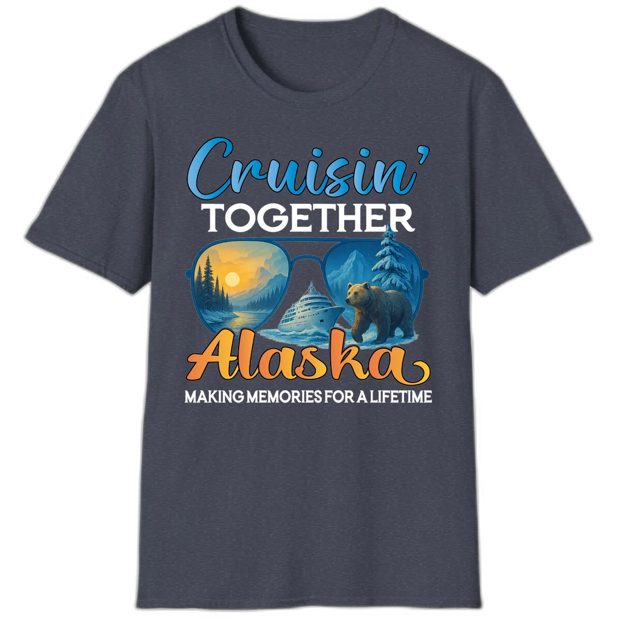 Cruisin' Together Alaska Sunglasses Bear T-Shirt in Heather Navy