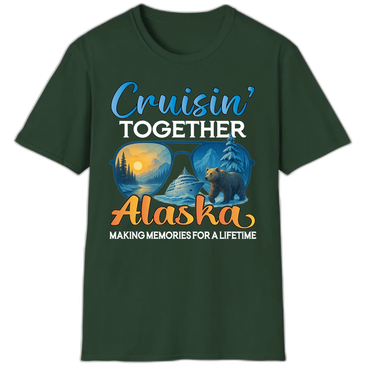Cruisin' Together Alaska Sunglasses Bear T-Shirt in Forest Green
