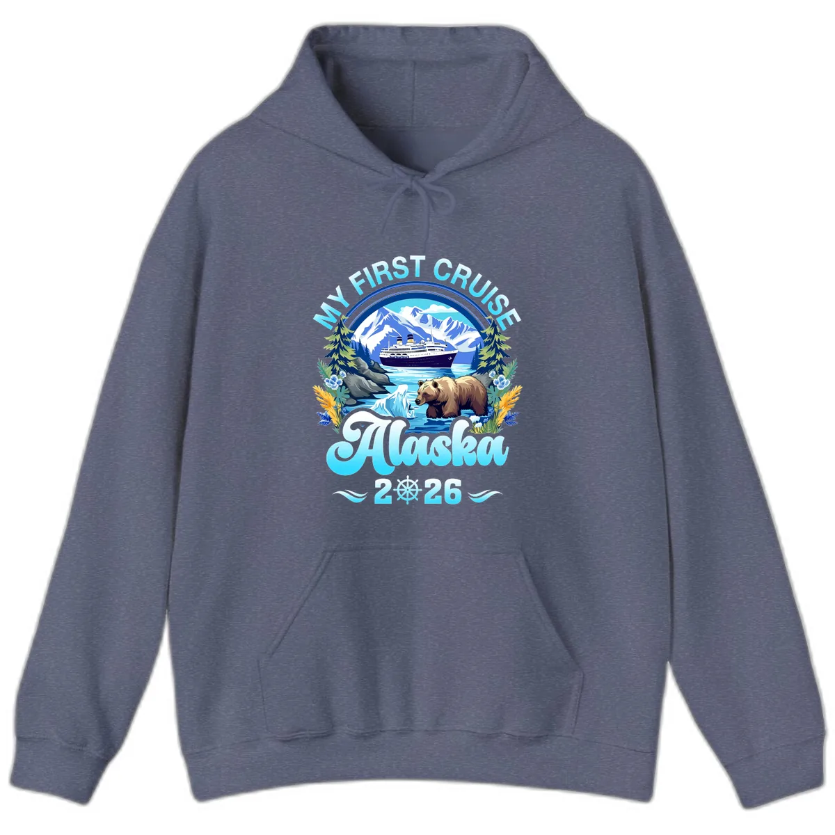My First Alaska Cruise Bear and Ship Hoodie in Heather Navy