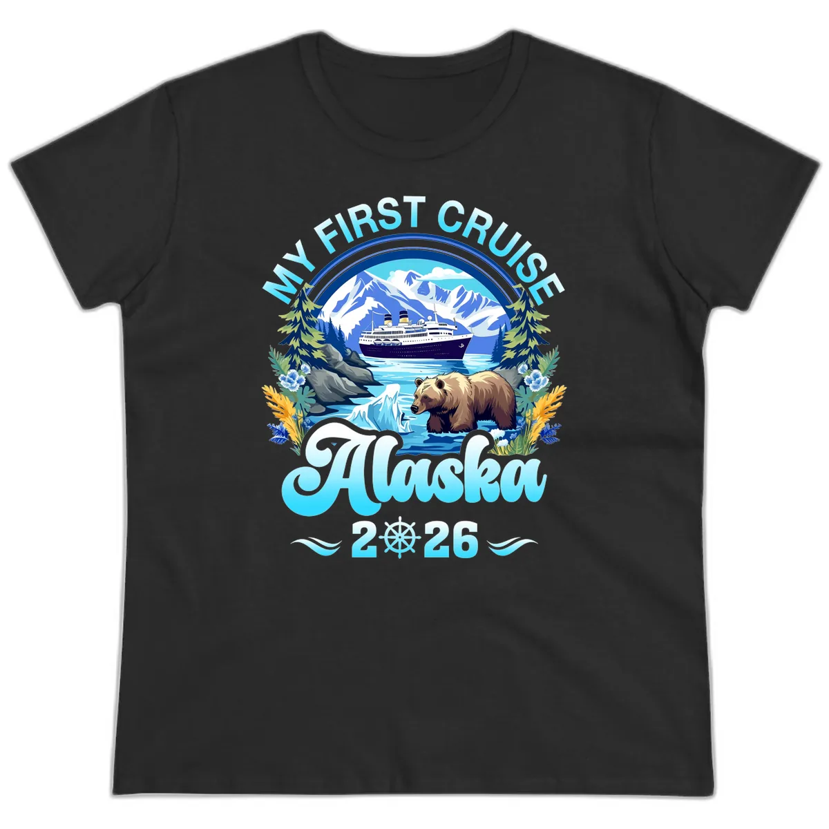 My First Alaska Cruise Bear and Ship Ladies Tee in Black