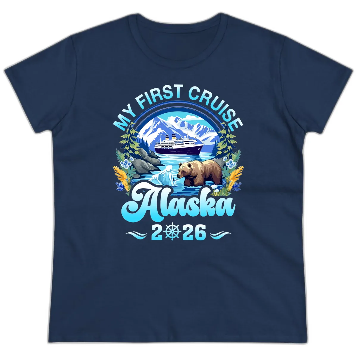 My First Alaska Cruise Bear and Ship Ladies Tee in Navy