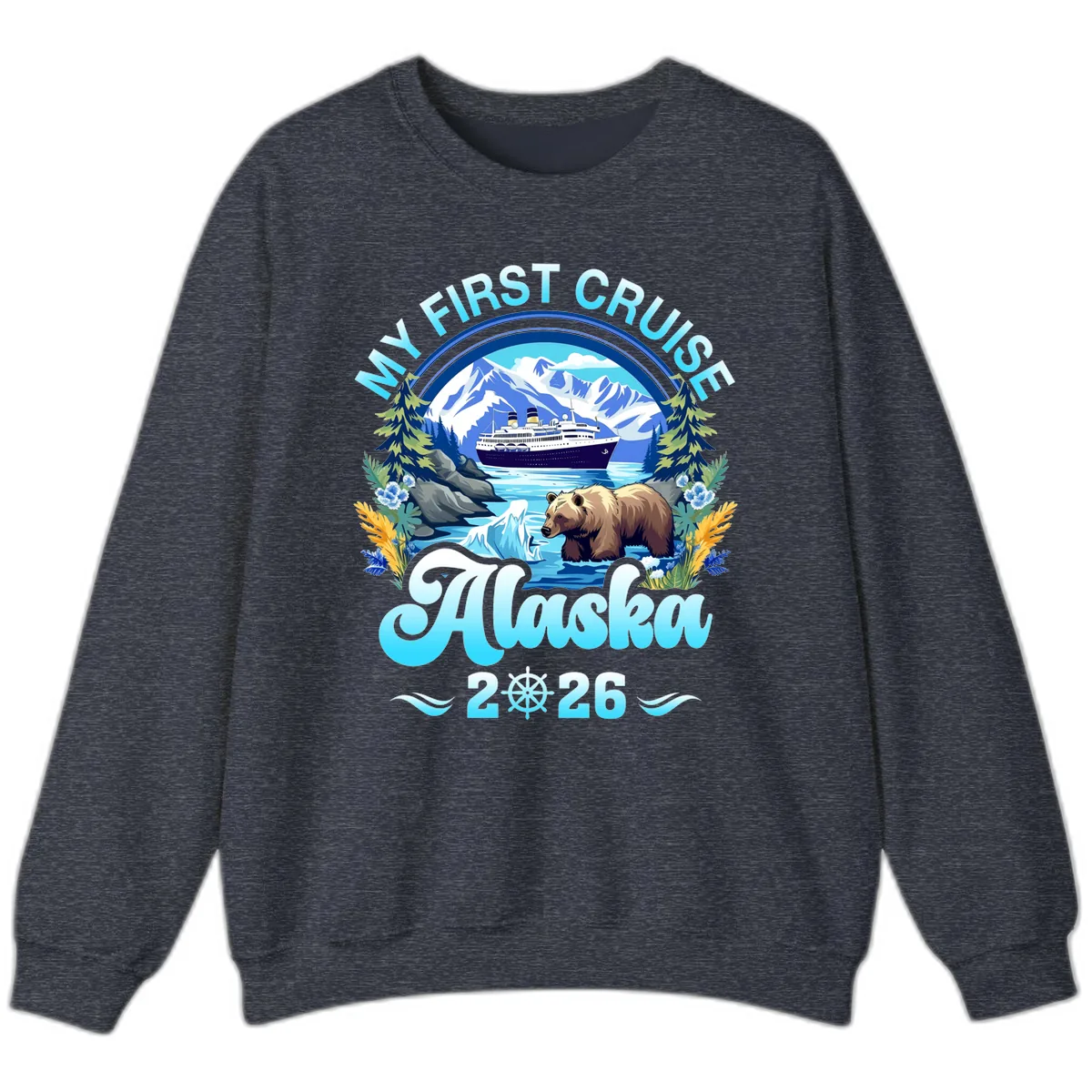 My First Alaska Cruise Bear and Ship Sweatshirt in Heather Sport Dark Navy