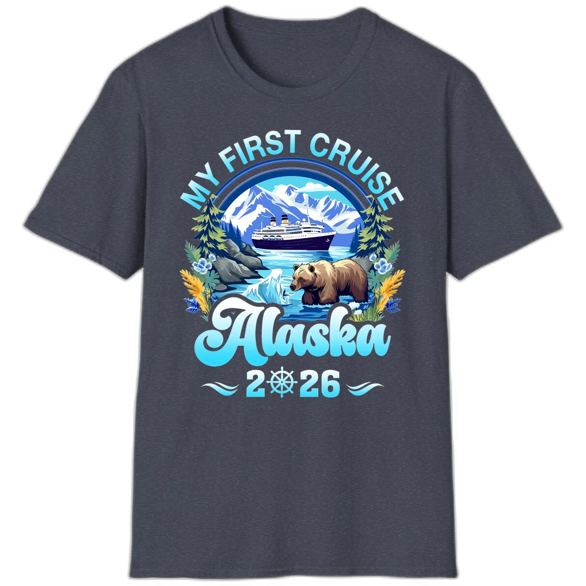 My First Alaska Cruise Bear and Ship T-Shirt in Heather Navy