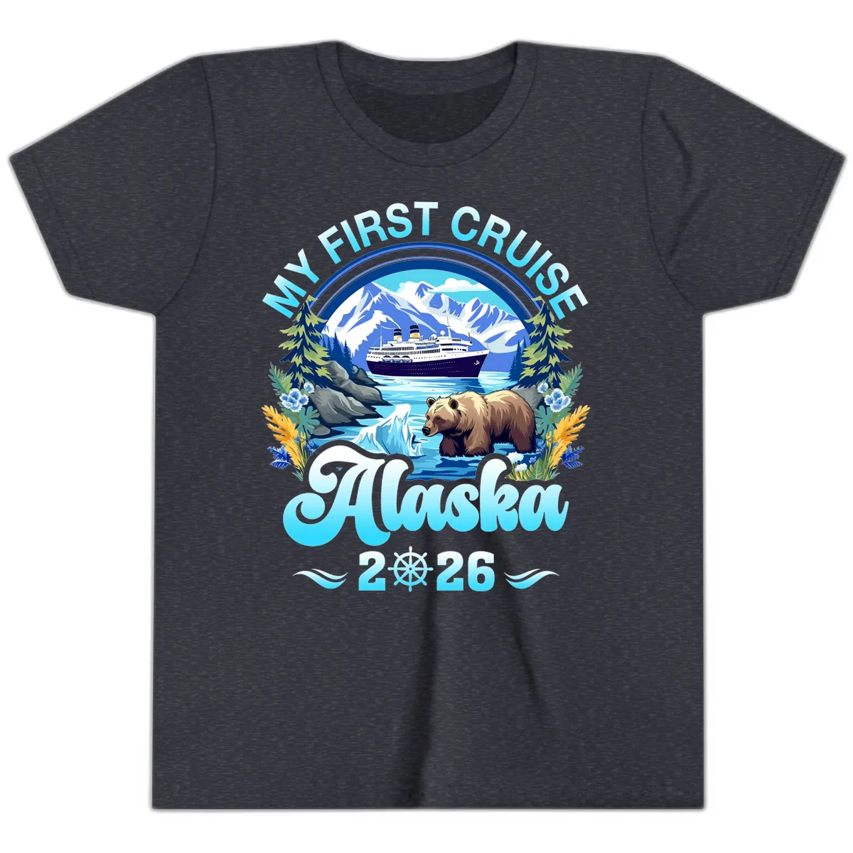 My First Alaska Cruise Bear and Ship Youth T-Shirt in Heather Navy
