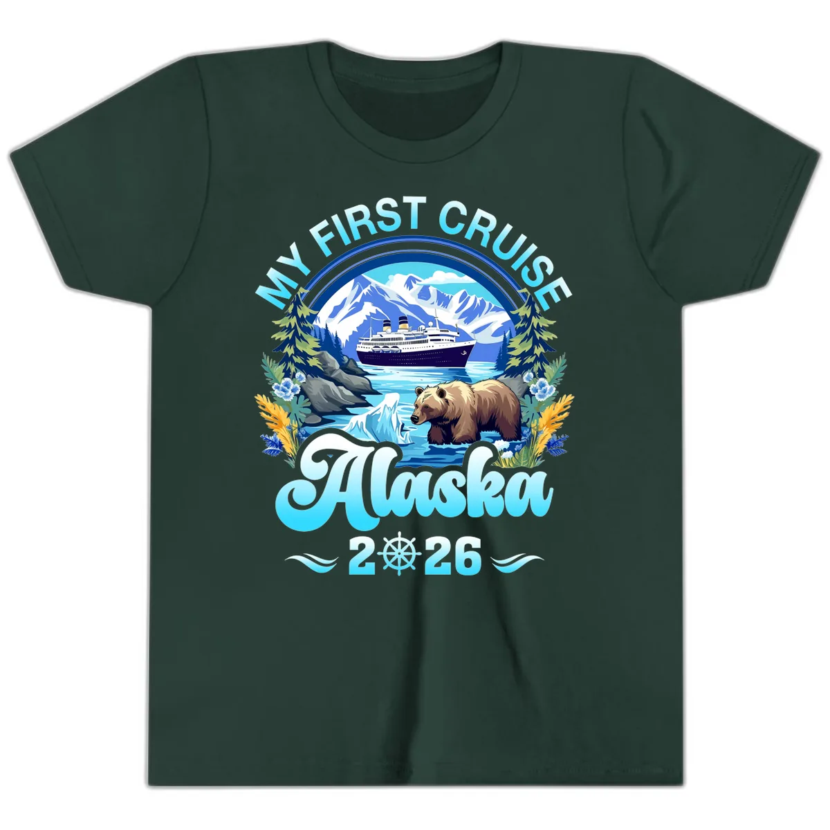 My First Alaska Cruise Bear and Ship Youth T-Shirt in Forest