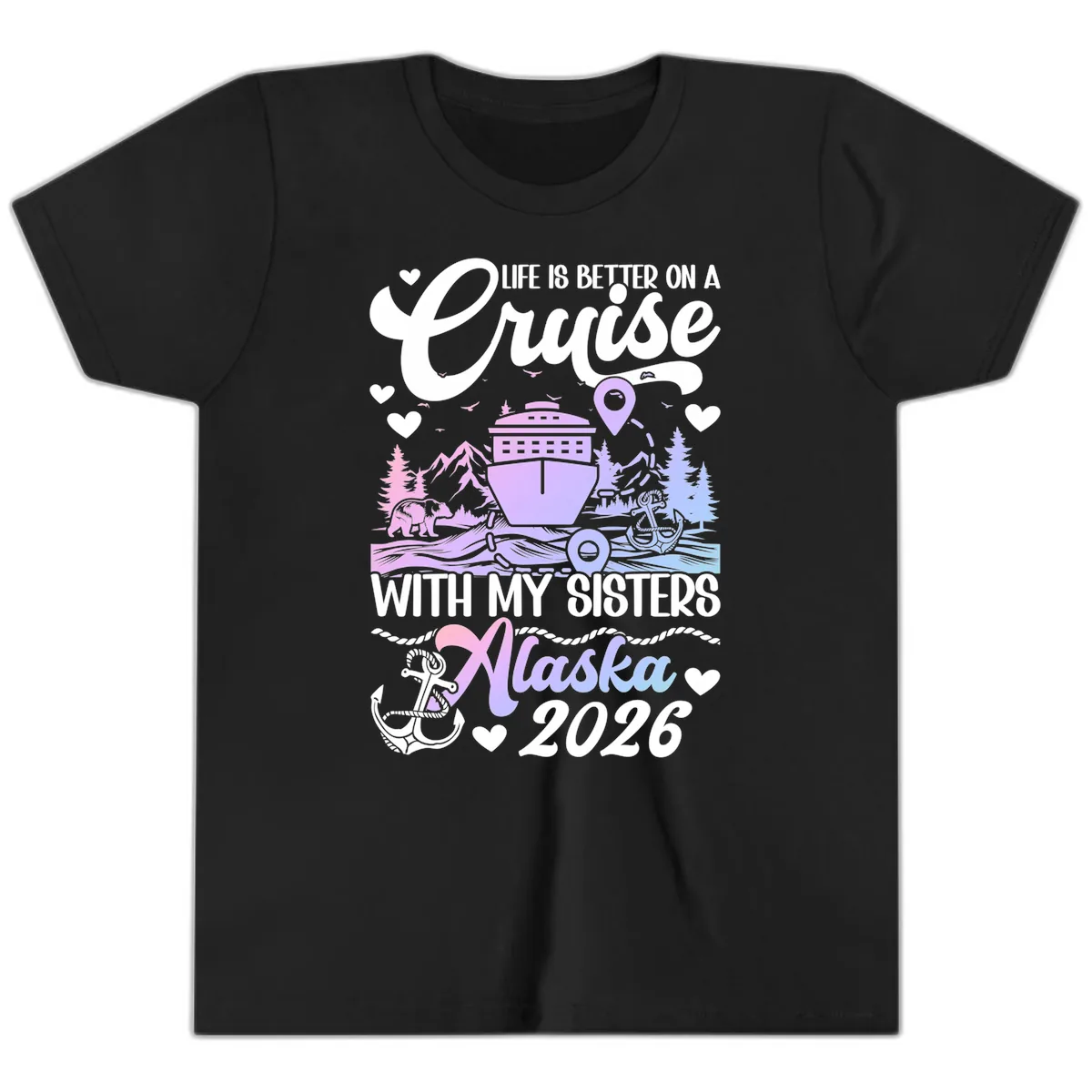 Sisters Alaska Cruise 2026 Scenic Youth T-Shirt in Black