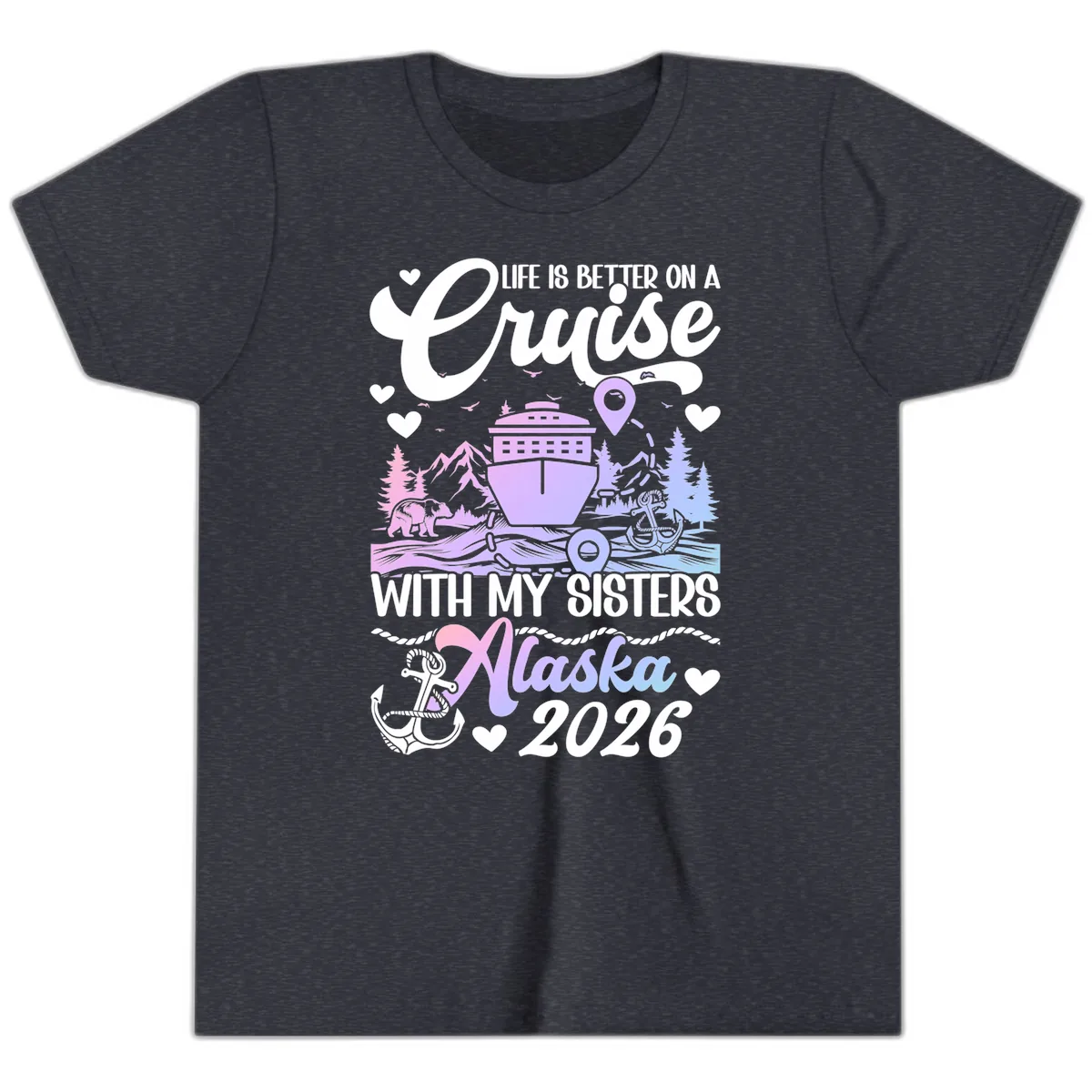 Sisters Alaska Cruise 2026 Scenic Youth T-Shirt in Heather Navy