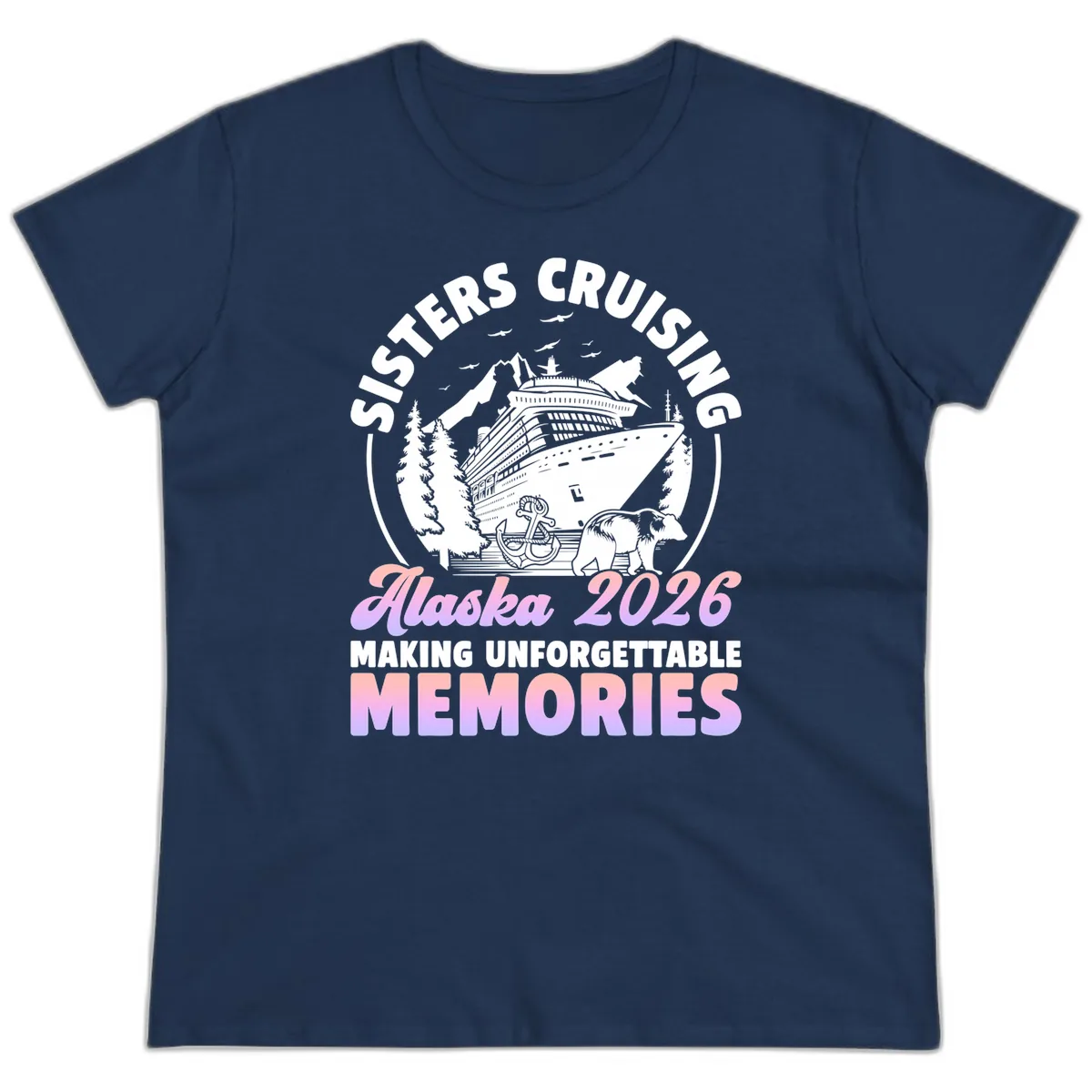 Sisters Cruising Alaska 2026 Bear Voyage Ladies Tee in Navy