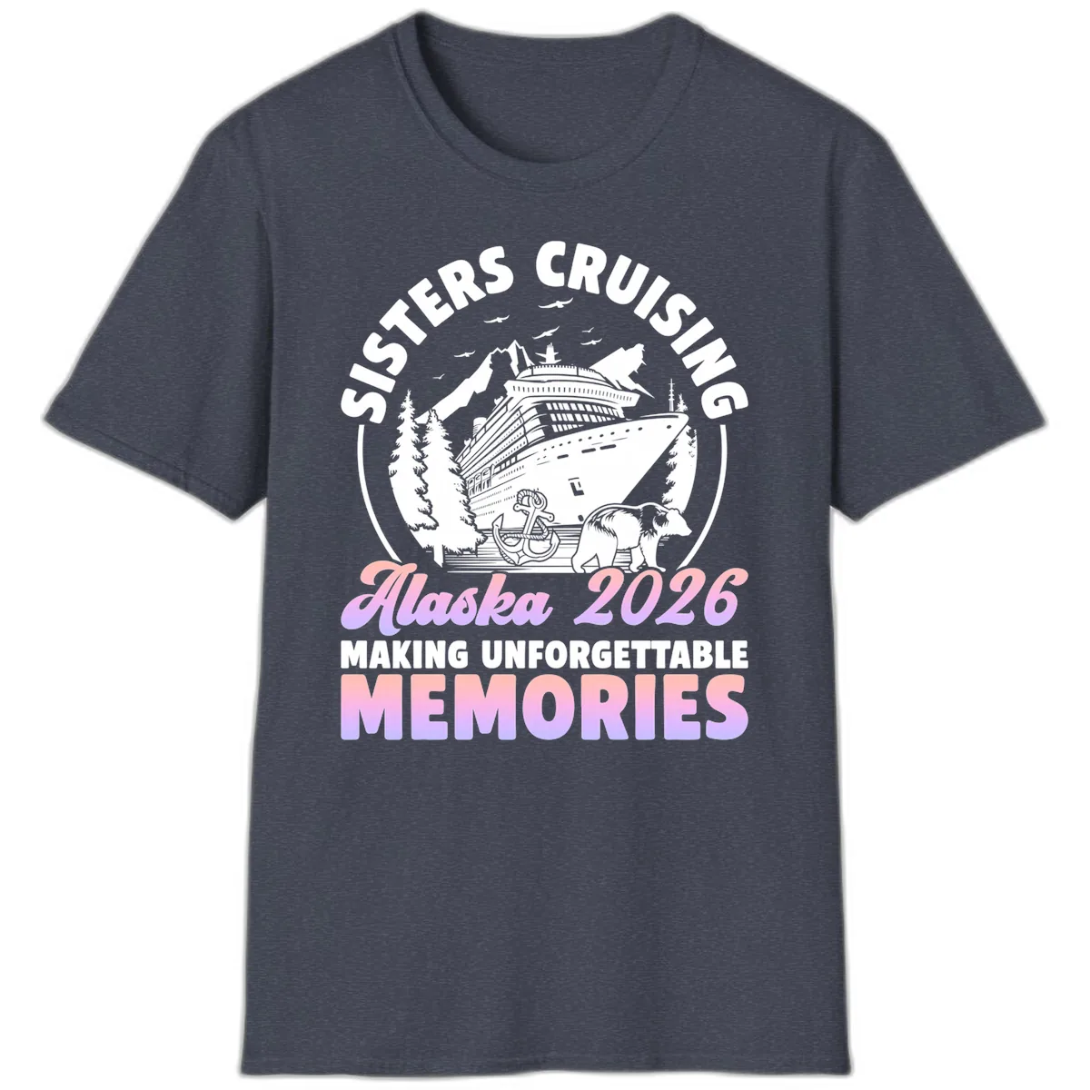 Sisters Cruising Alaska 2026 Bear Voyage T-Shirt in Heather Navy