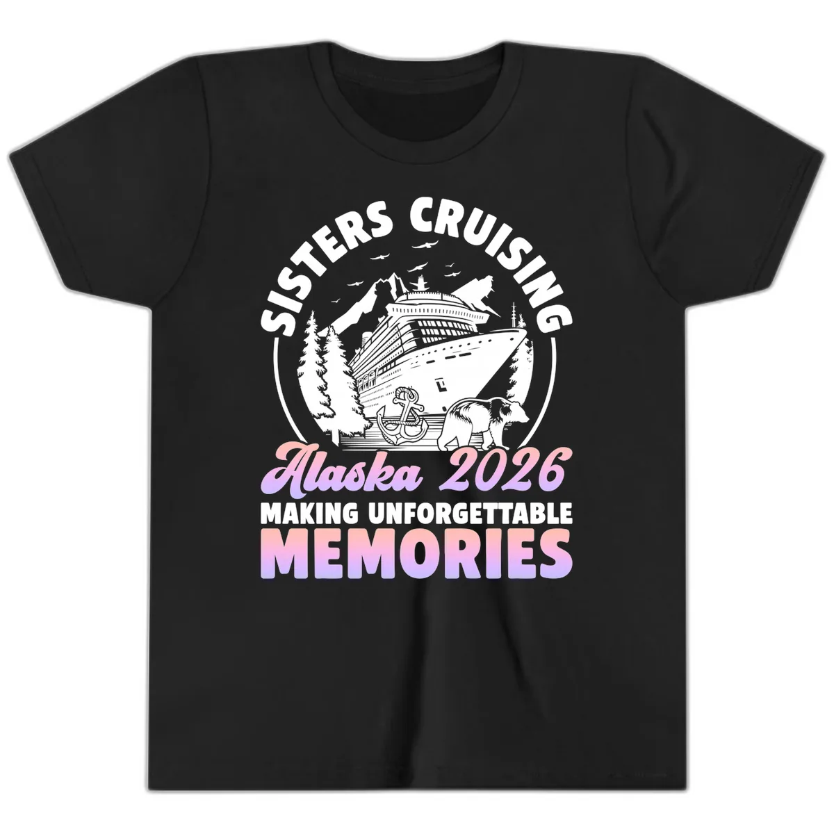 Sisters Cruising Alaska 2026 Bear Voyage Youth T-Shirt in Black