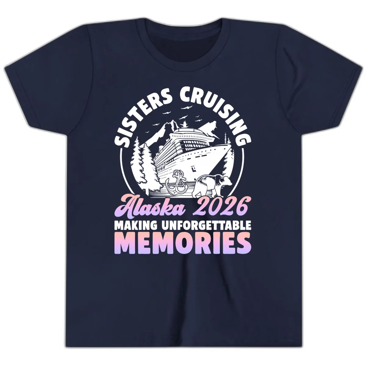 Sisters Cruising Alaska 2026 Bear Voyage Youth T-Shirt in Navy