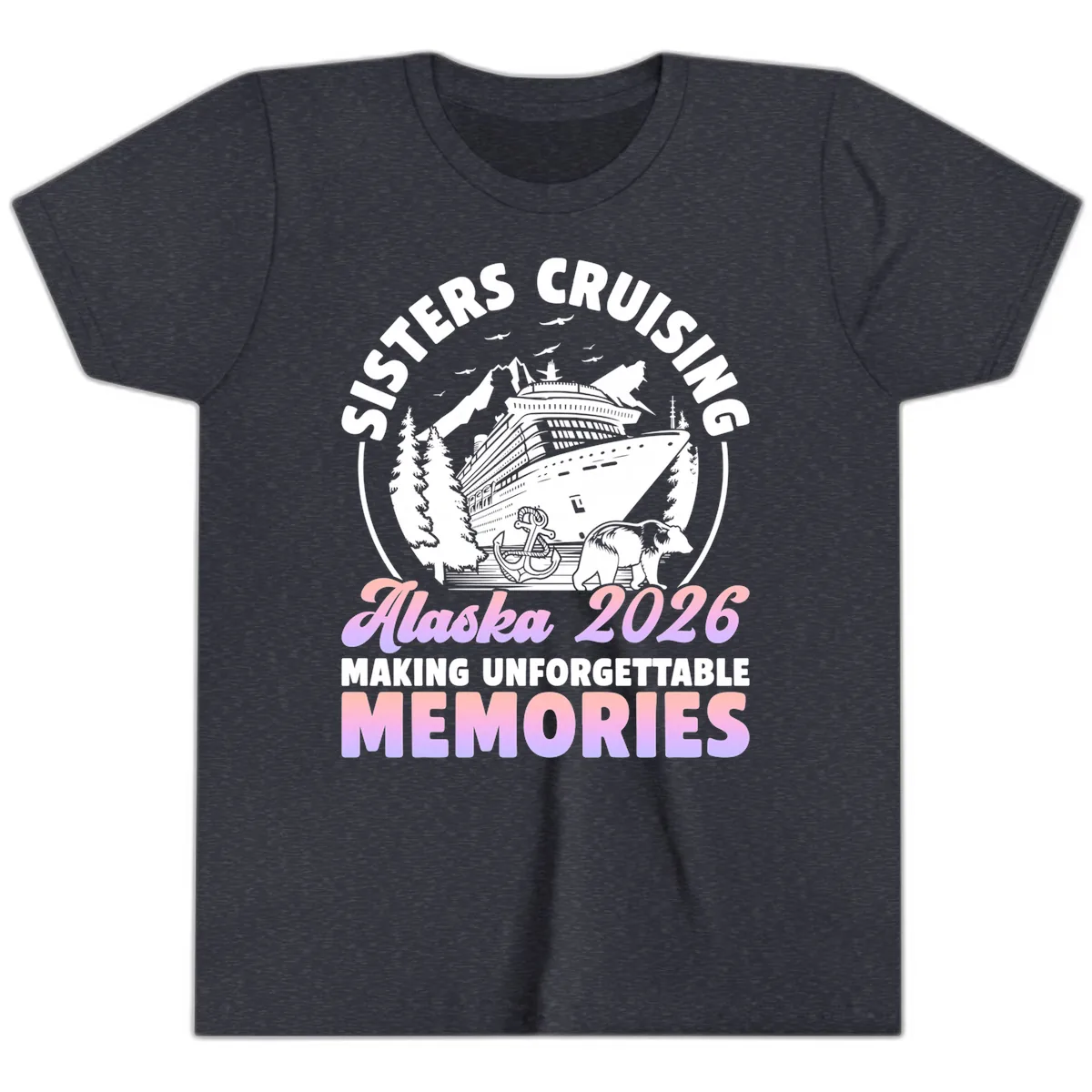 Sisters Cruising Alaska 2026 Bear Voyage Youth T-Shirt in Heather Navy