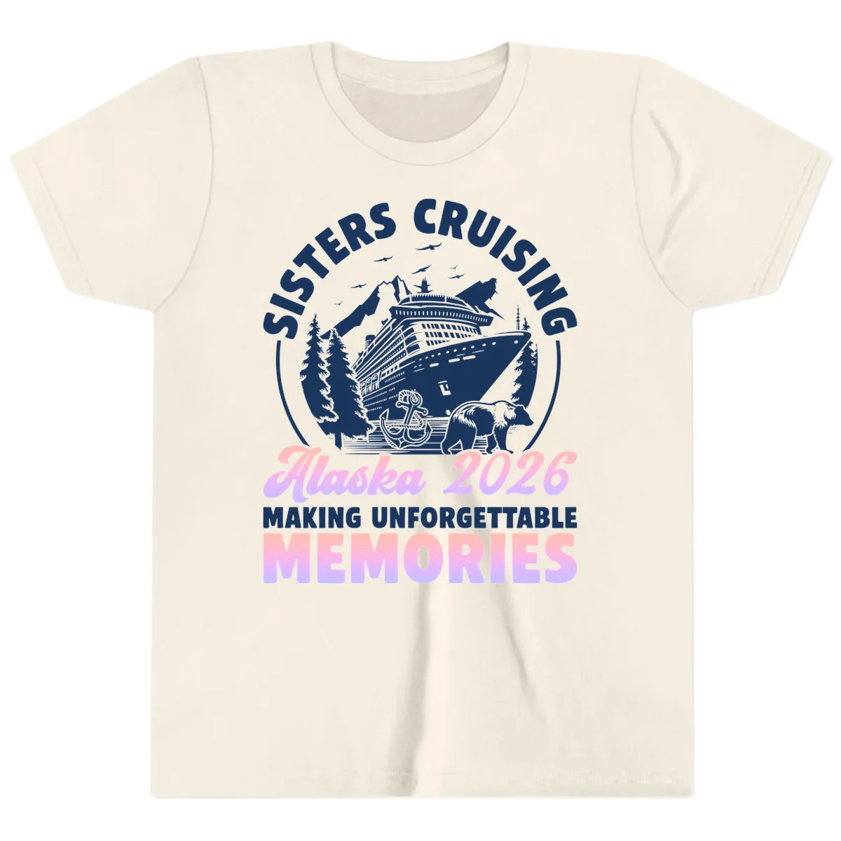 Sisters Cruising Alaska 2026 Bear Voyage Youth T-Shirt in Natural