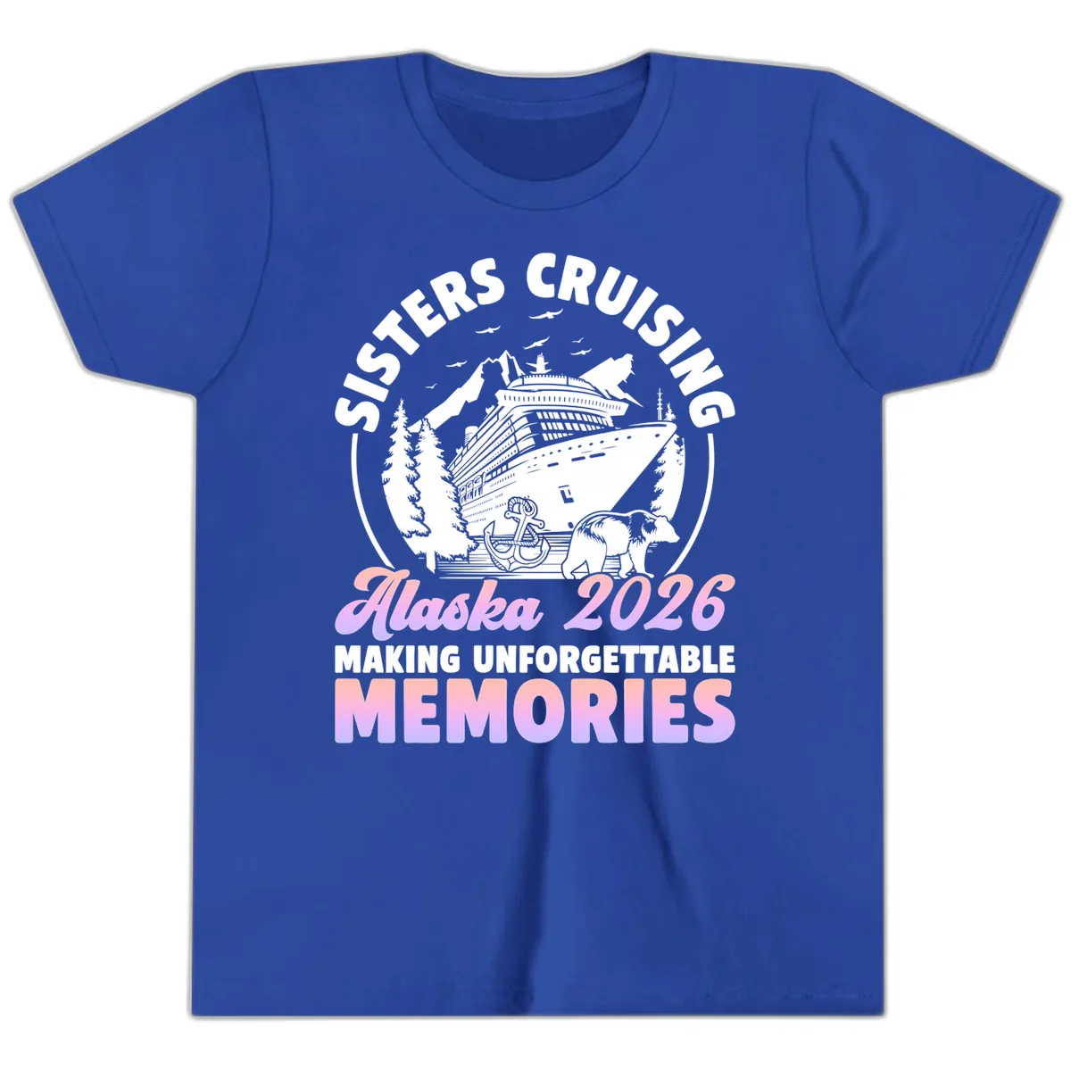 Sisters Cruising Alaska 2026 Bear Voyage Youth T-Shirt in True Royal
