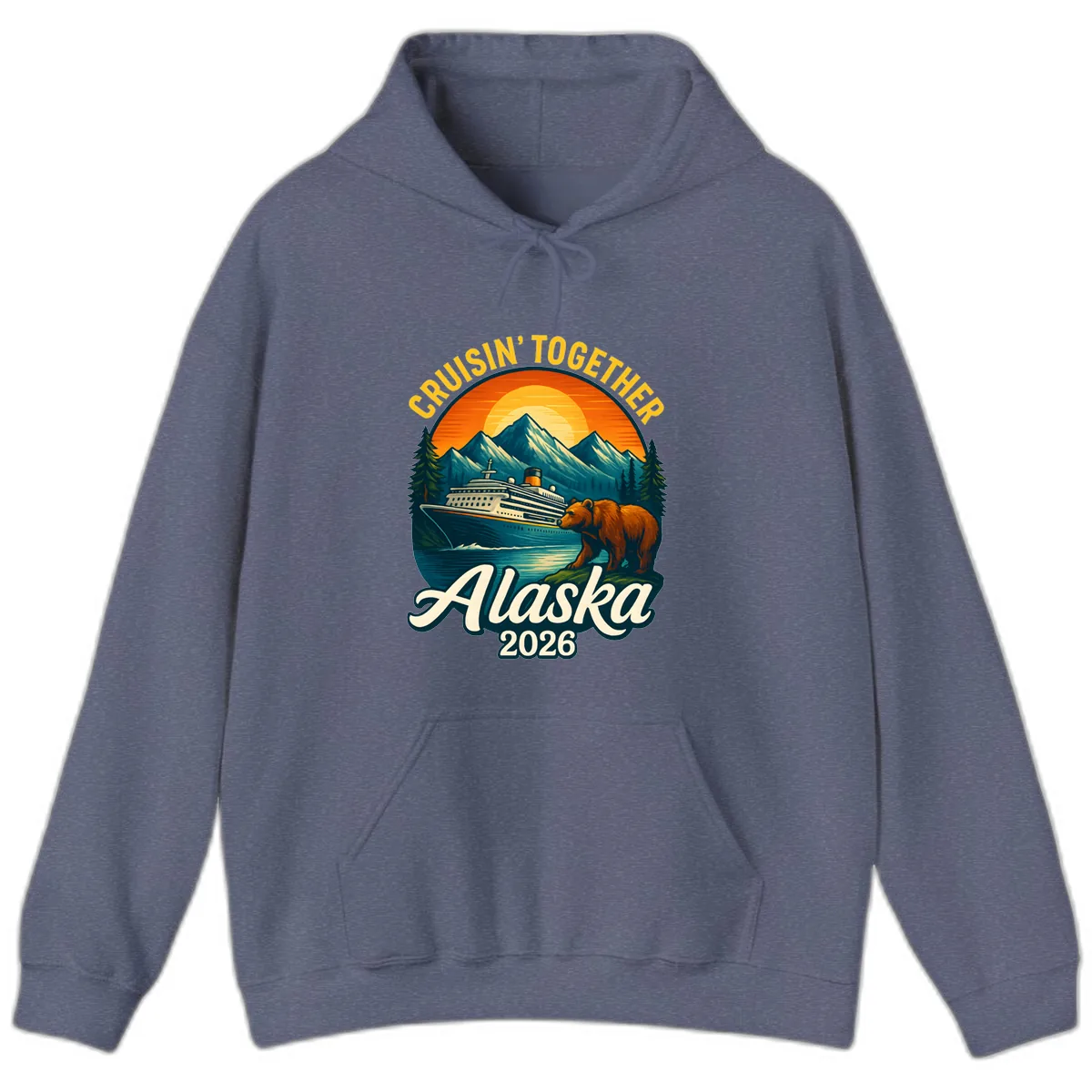 Cruisin' Together Alaska 2026 Bear & Ship Design Hoodie in Heather Navy