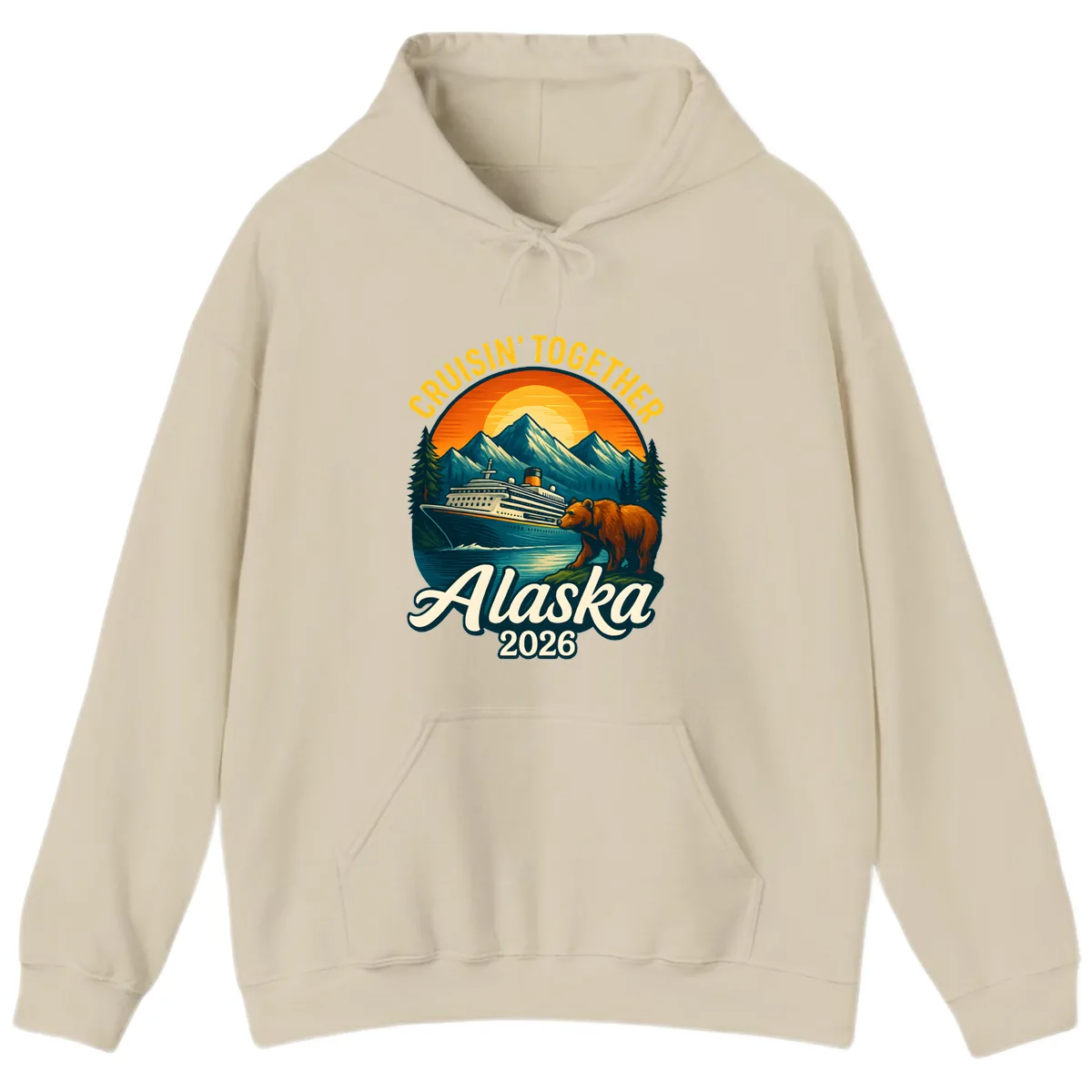 Cruisin' Together Alaska 2026 Bear & Ship Design Hoodie in Sand