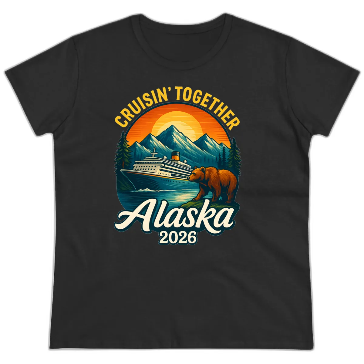 Cruisin' Together Alaska 2026 Bear & Ship Design Ladies Tee in Black