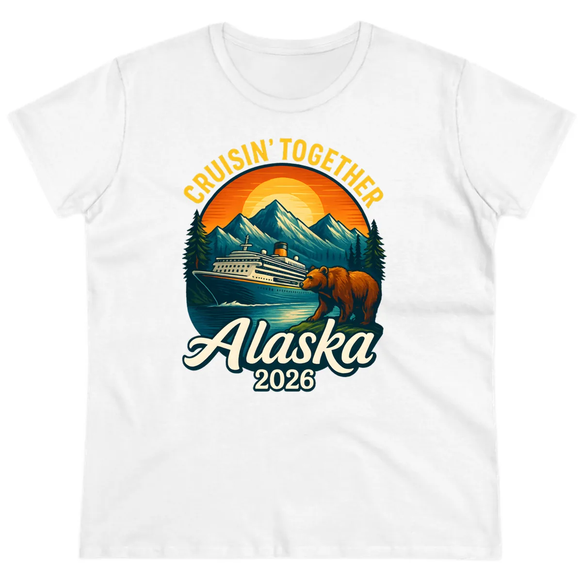 Cruisin' Together Alaska 2026 Bear & Ship Design Ladies Tee in White