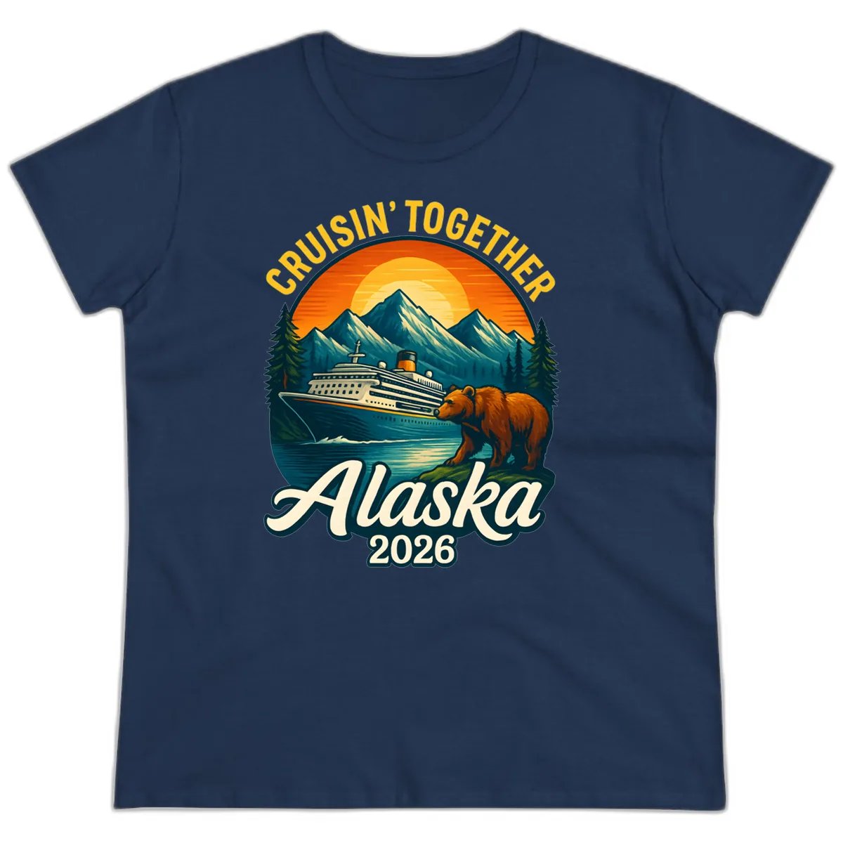 Cruisin' Together Alaska 2026 Bear & Ship Design Ladies Tee in Navy