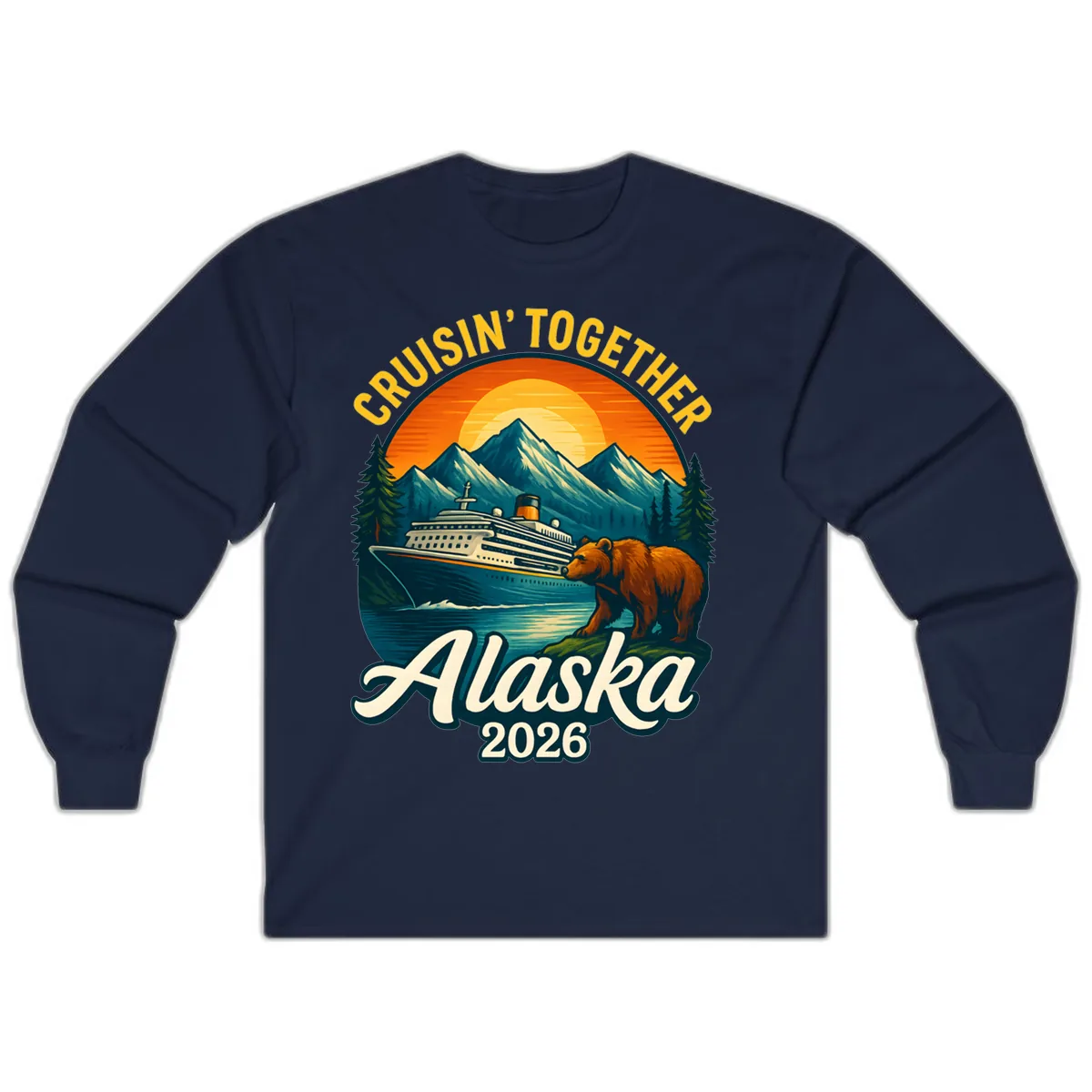 Cruisin' Together Alaska 2026 Bear & Ship Design Long Sleeve in Navy