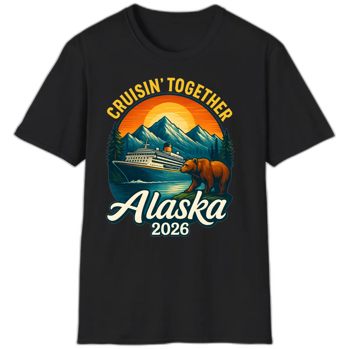Cruisin' Together Alaska 2026 Bear & Ship Design T-Shirt in Black