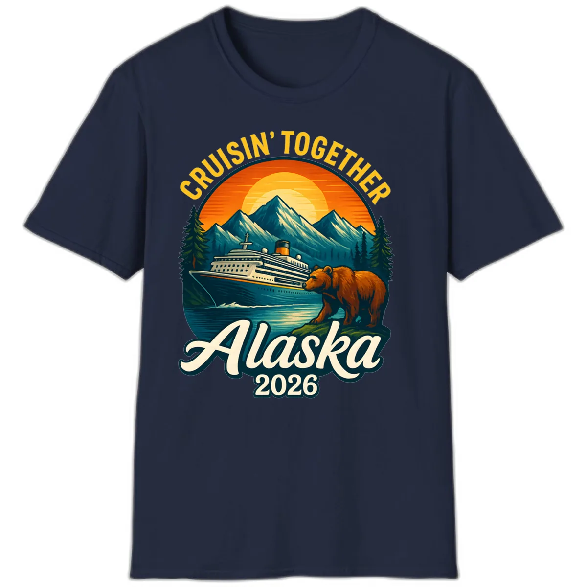 Cruisin' Together Alaska 2026 Bear & Ship Design T-Shirt in Navy