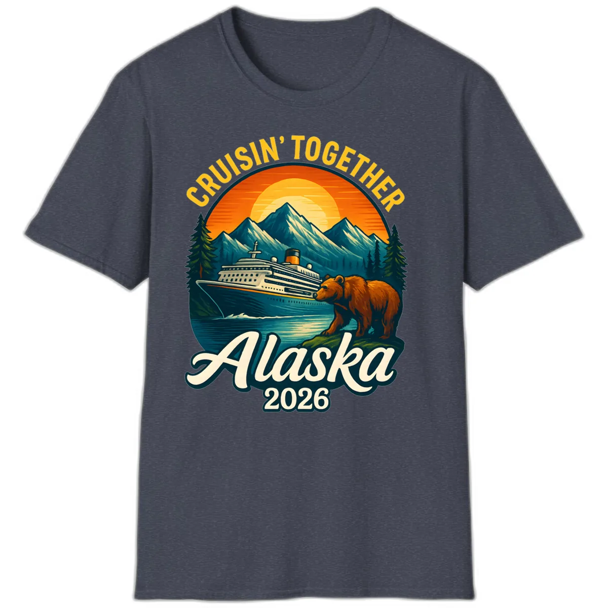 Cruisin' Together Alaska 2026 Bear & Ship Design T-Shirt in Heather Navy